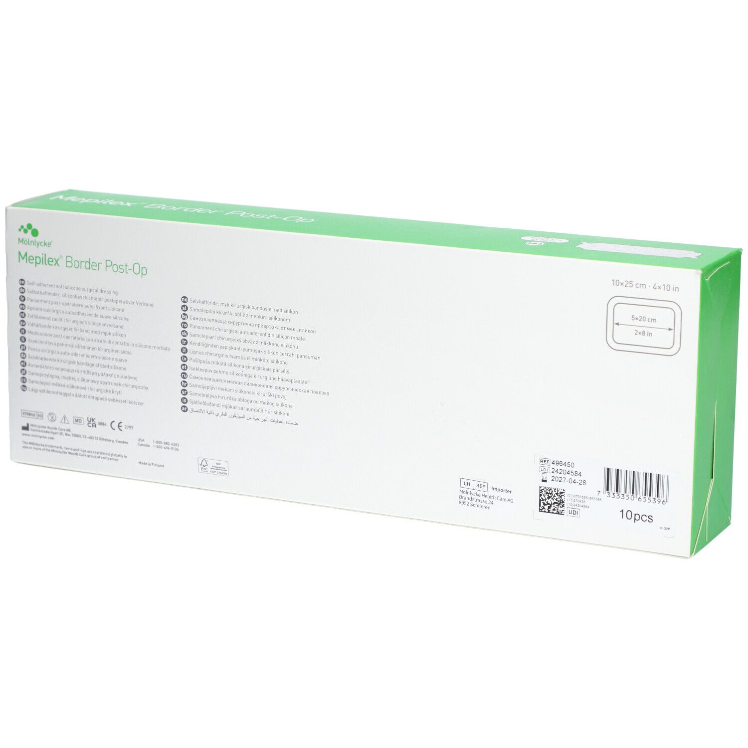 Dos de l'emballage Mepilex® Border Post-Op. Informations textuelles, code QR et numéro de lot. Boîte blanche et verte.