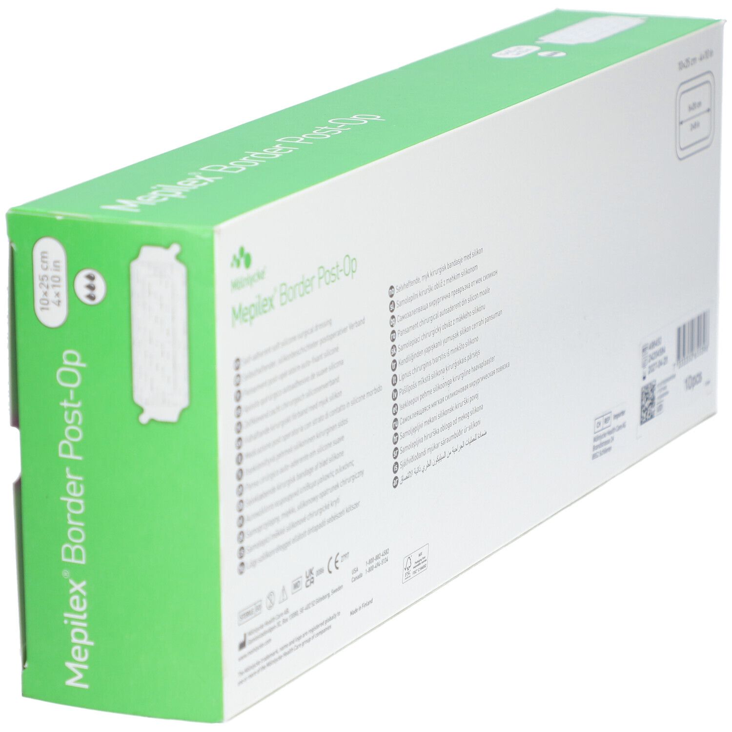 Emballage Mepilex® Border Post-Op, vert et blanc. Nom et informations du produit. Fenêtre montrant le pansement.