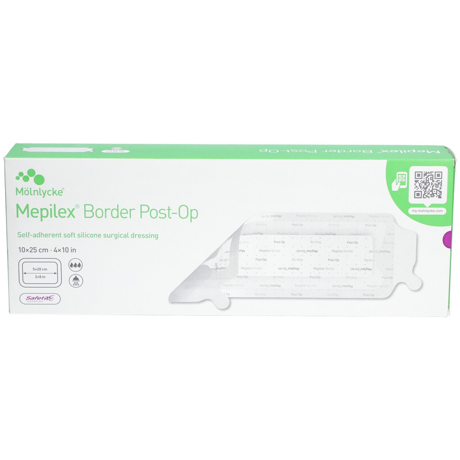 Emballage Mepilex® Border Post-Op. Boîte verte et blanche avec informations. Fenêtre montrant le pansement.