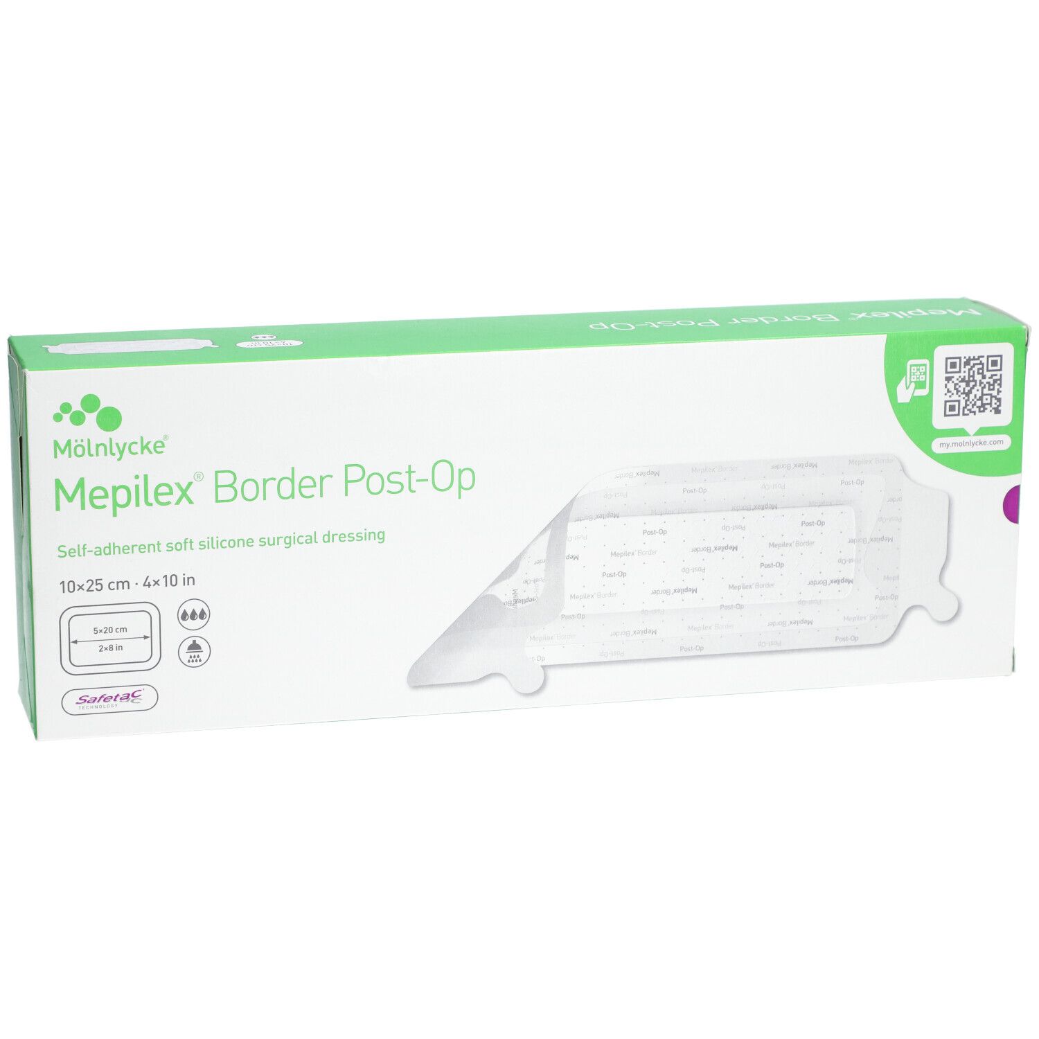 Emballage Mepilex® Border Post-Op. Boîte verte et blanche avec informations. Fenêtre montrant le pansement.