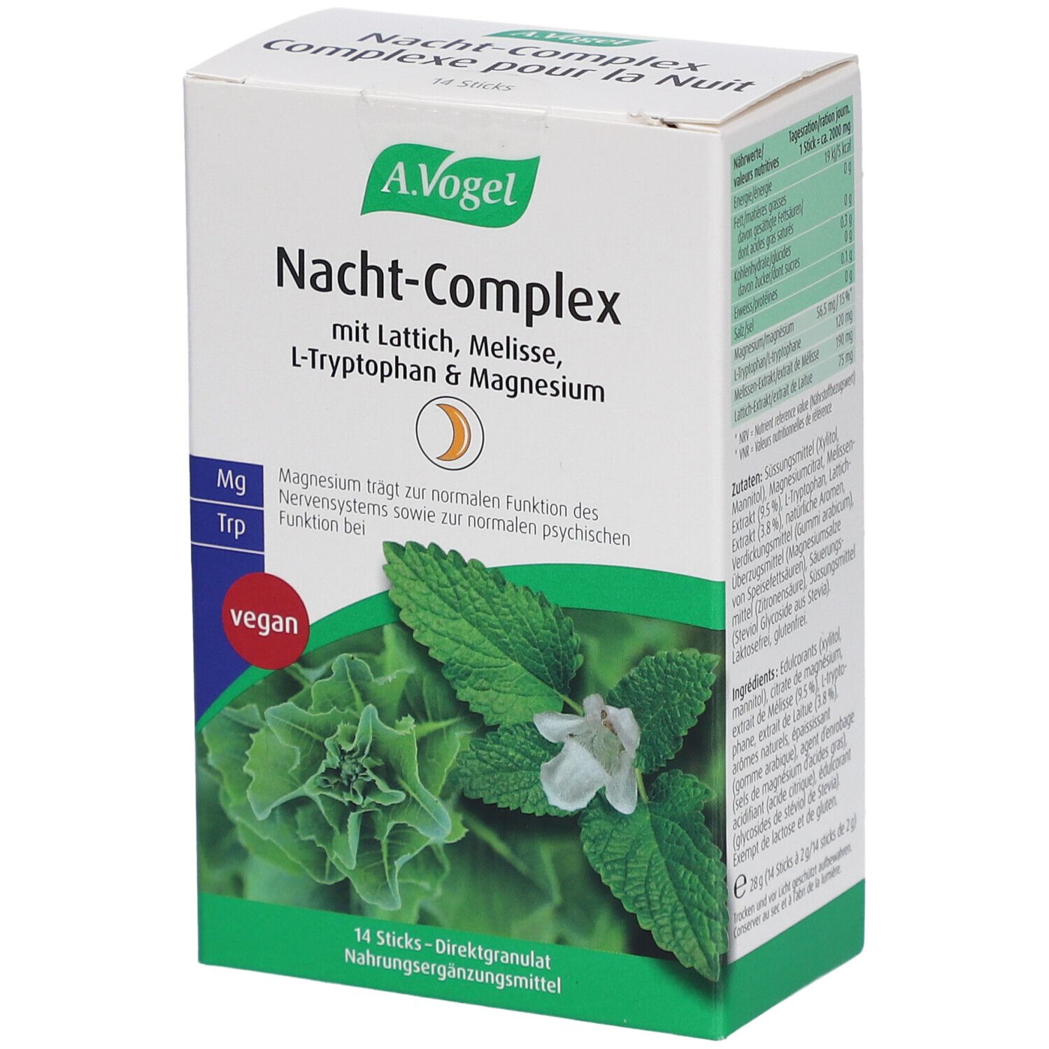 Boîte de A.Vogel Nacht-Complex. Contient Laitue, Mélisse, L-Tryptophane & Magnésium. Vegan. 14 sticks de granulés.