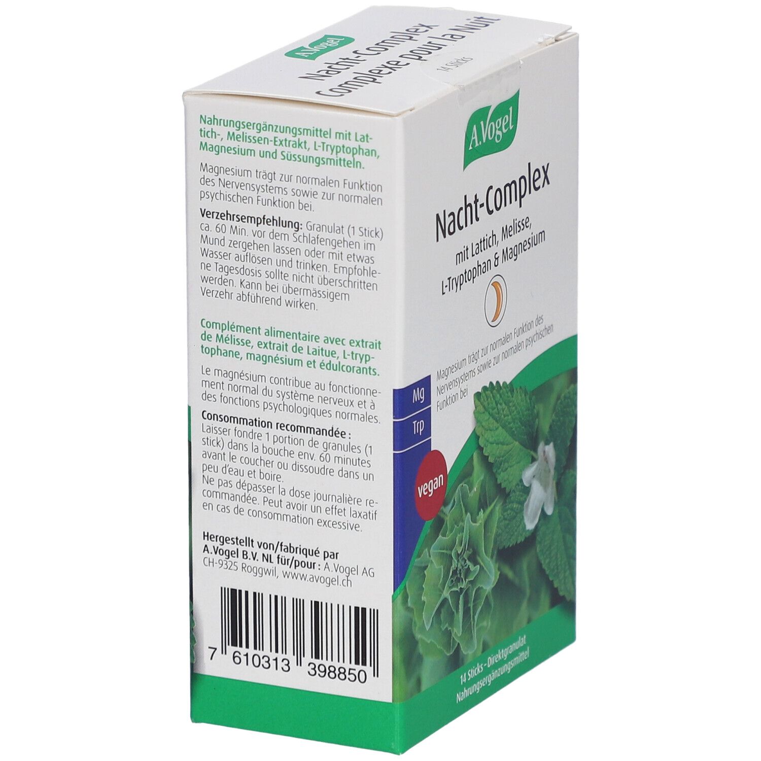 Boîte de A.Vogel Nacht-Complex en biais. Contient Laitue, Mélisse, L-Tryptophane & Magnésium. Vegan. Texte et ingrédients.