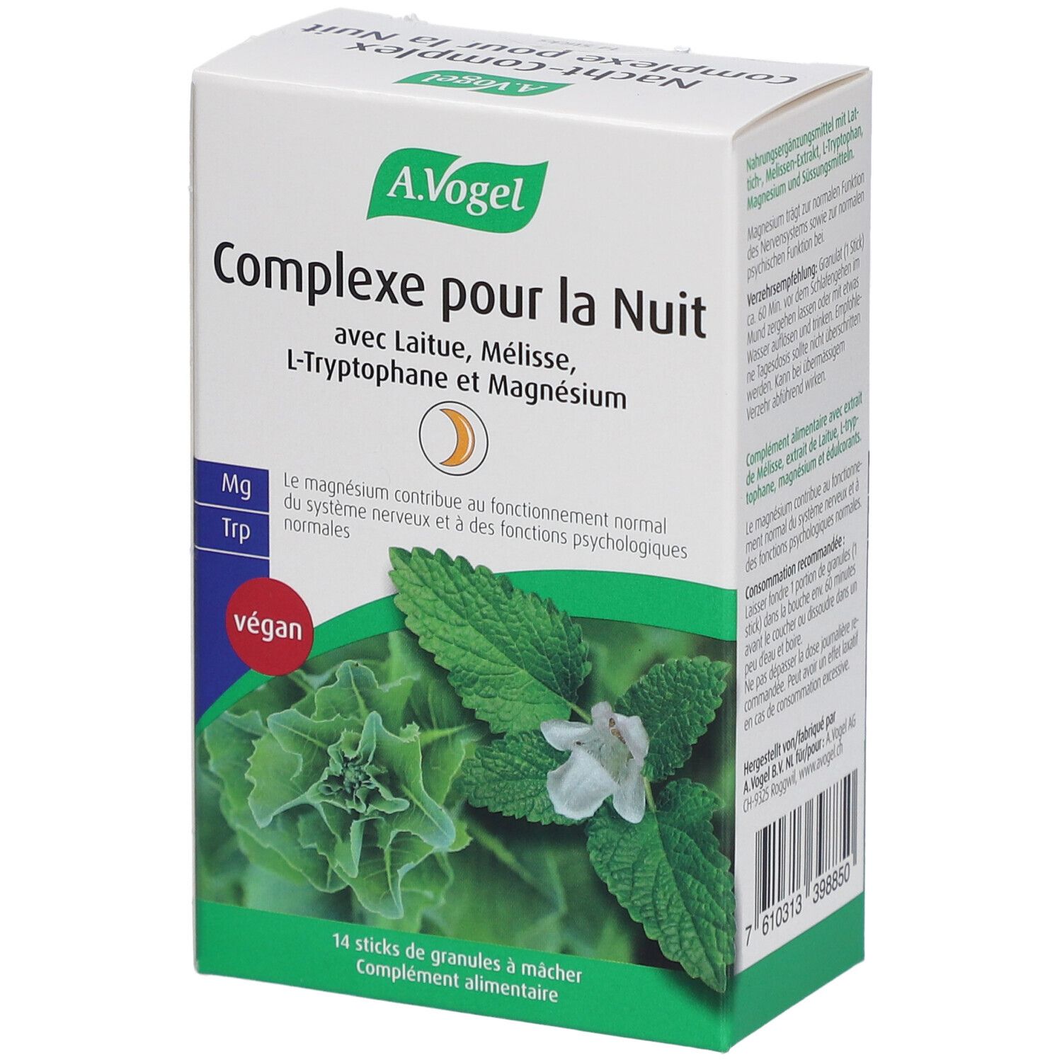 Boîte de A.Vogel Complex pour la Nuit. Contient Laitue, Mélisse, L-Tryptophane & Magnésium. Vegan. 14 sticks.