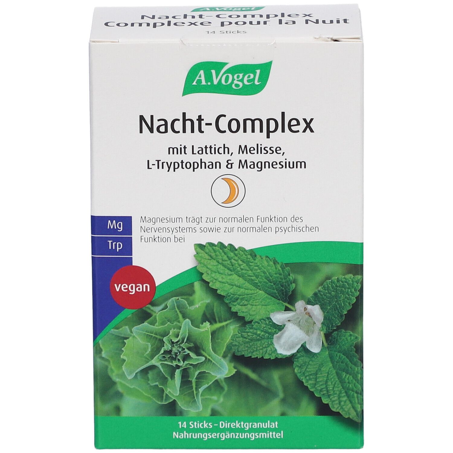 Boîte de A.Vogel Nacht-Complex. Contient Laitue, Mélisse, L-Tryptophane & Magnésium. Vegan. 14 sticks de granulés.