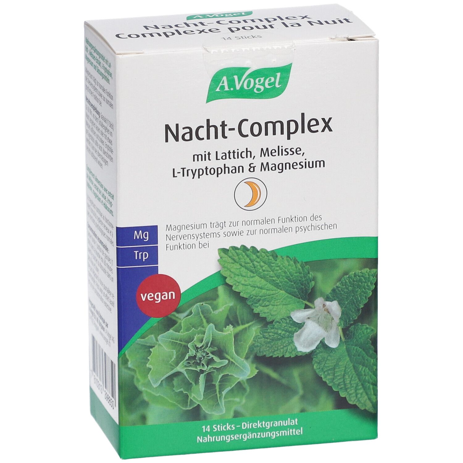 Boîte de A.Vogel Nacht-Complex. Contient Laitue, Mélisse, L-Tryptophane & Magnésium. Vegan. 14 sticks de granulés.