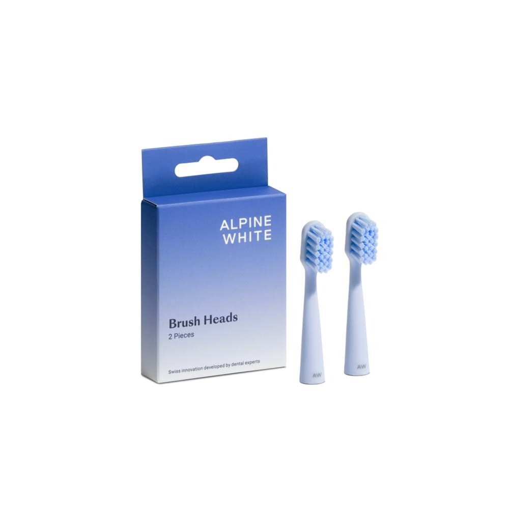 Deux têtes de brosse bleues et un emballage bleu avec l'inscription ALPINE WHITE Brush Heads.