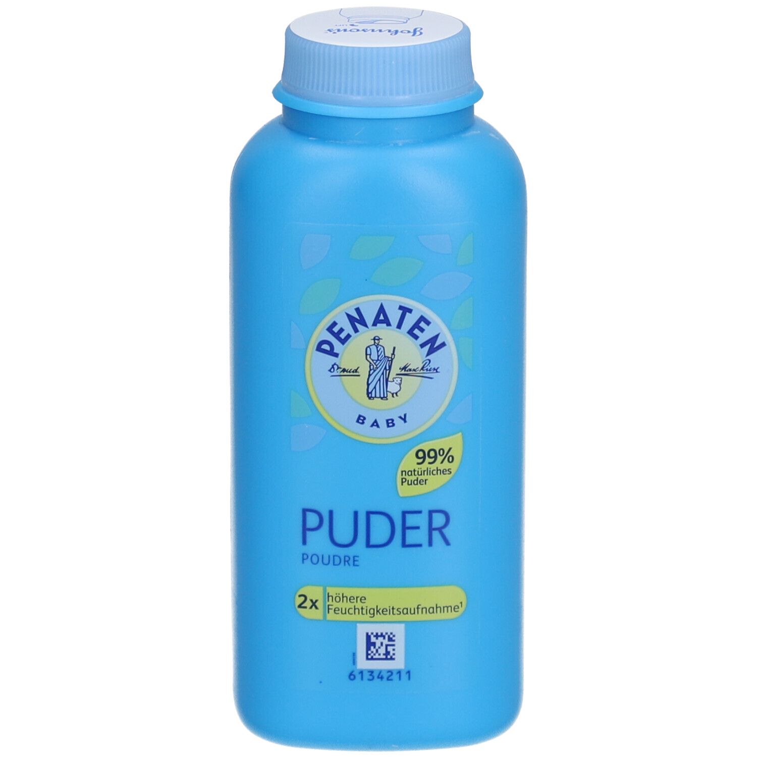 Flacon bleu clair de poudre Penaten. Bouchon blanc. Logo avec bébé et texte. "Puder" et "99% natürliches Puder" visibles.