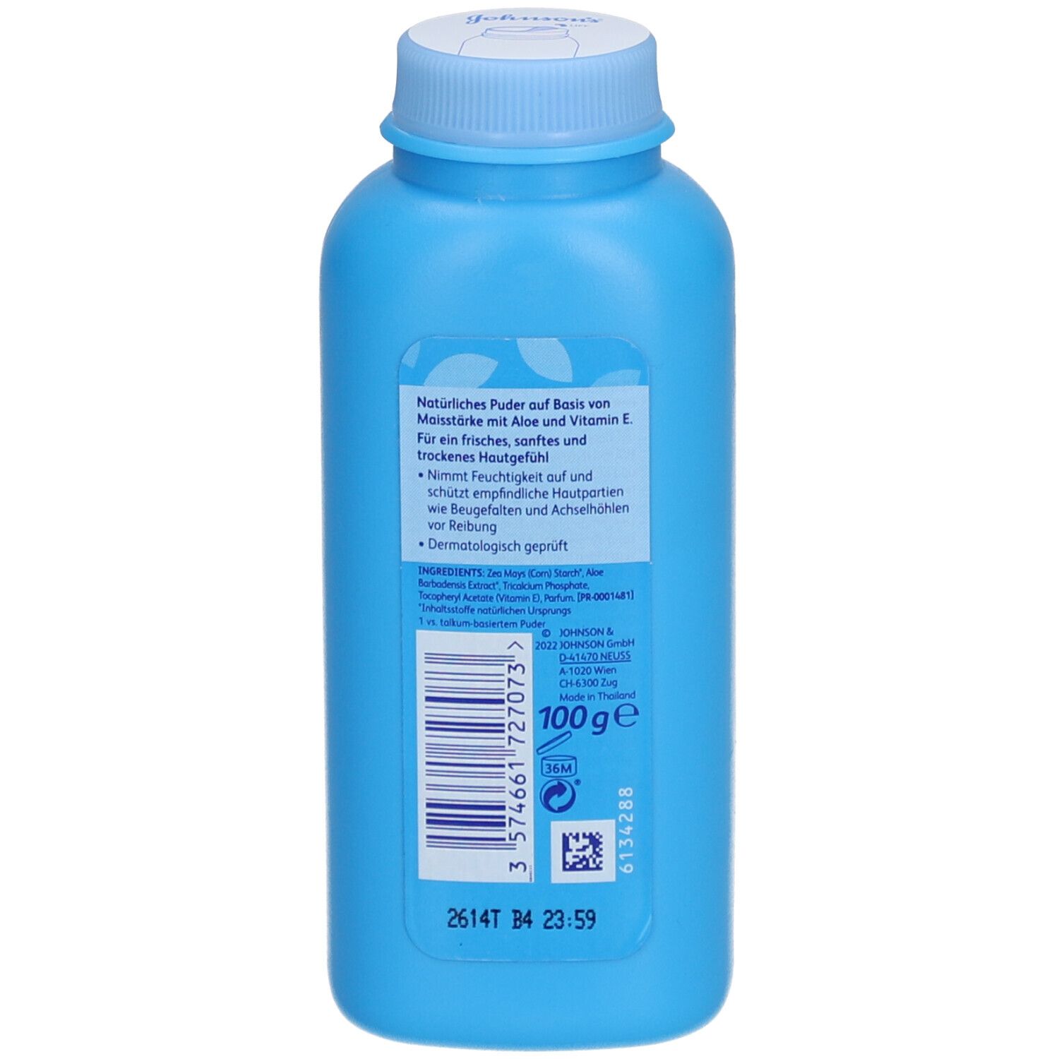 Dos d'un flacon de poudre Penaten bleu clair. Texte avec informations sur le produit. Code-barres et indication de poids 100g.