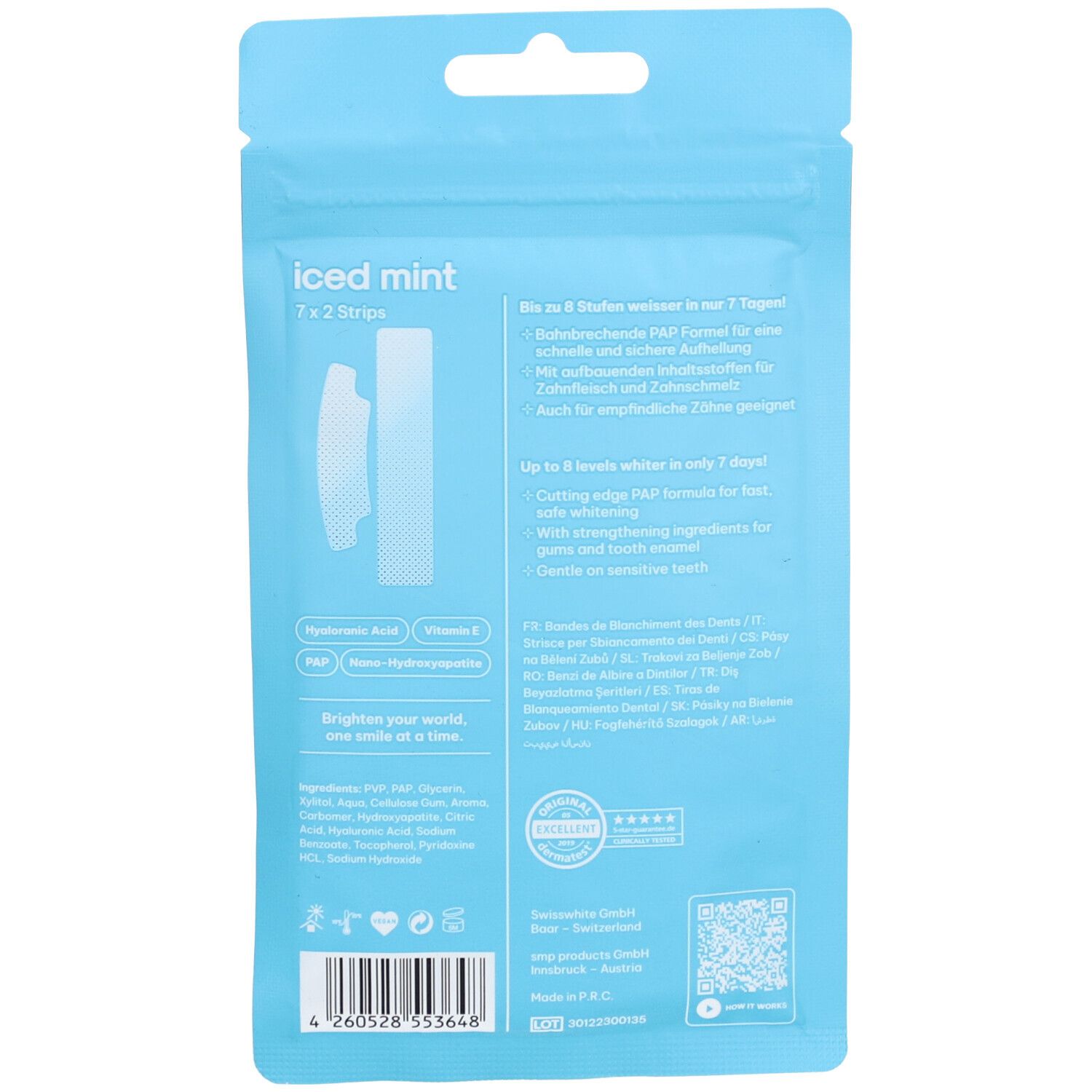 Dos de l'emballage avec informations produit. Bandes et texte multilingue. Code QR et code-barres.