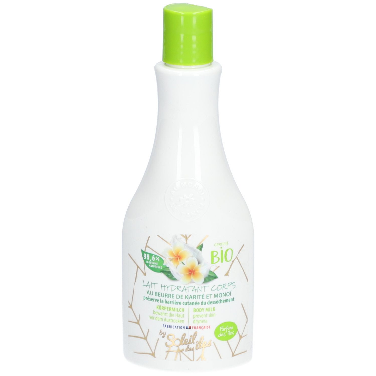 Flacon blanc, bouchon vert. Inscription: Lait Hydratant Corps, certification Bio, décor floral.