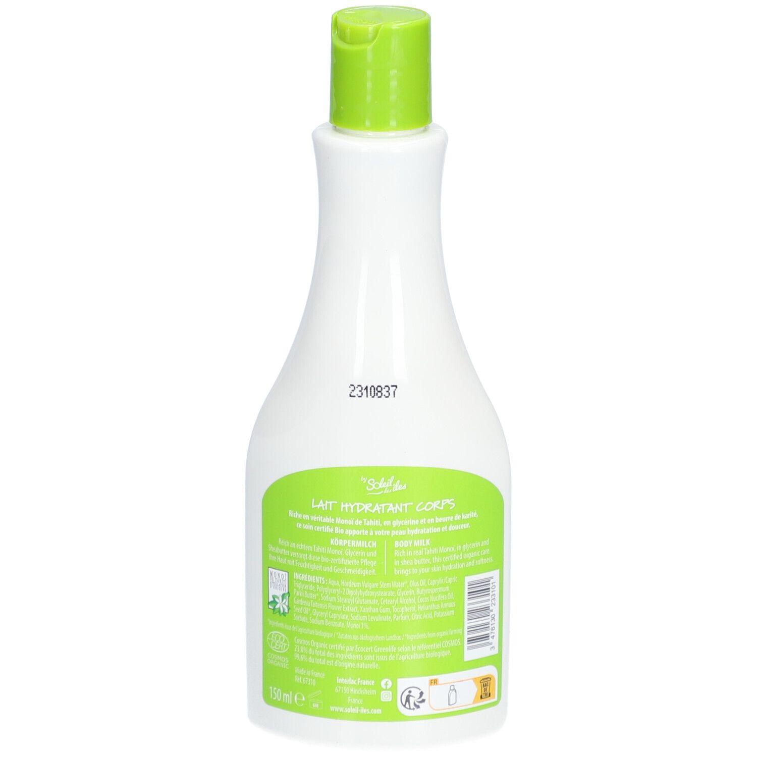 Dos d'un flacon blanc avec étiquette verte. Texte: Lait Hydratant Corps, certification Bio, symboles de recyclage.