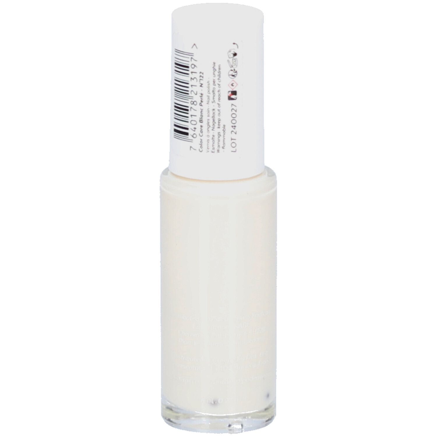 Flacon de vernis à ongles avec bouchon blanc. Inscription : PODERM Color Care Blanc perlé. Code-barres et informations produit.