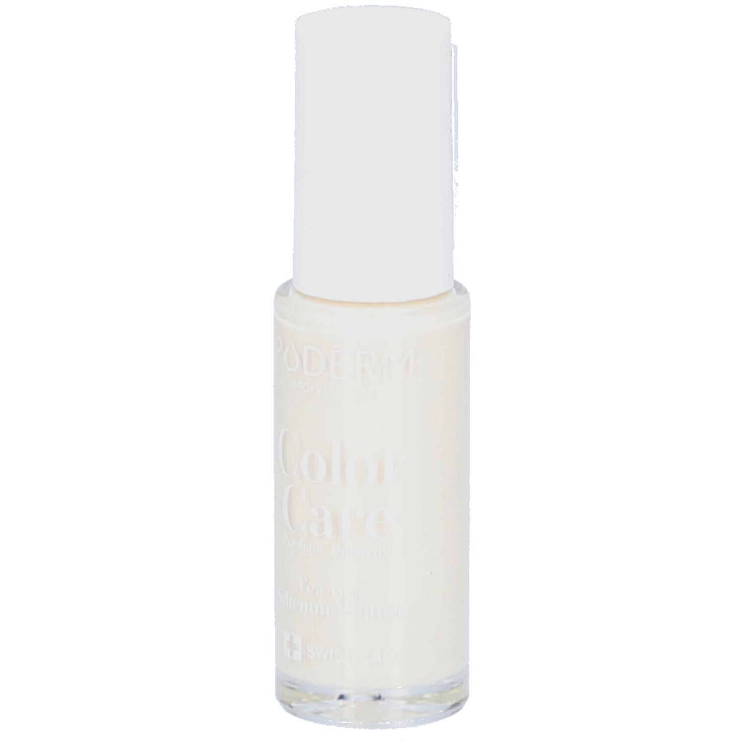 Flacon de vernis à ongles avec bouchon blanc. Inscription : PODERM Color Care Blanc perlé. Flacon en verre transparent.