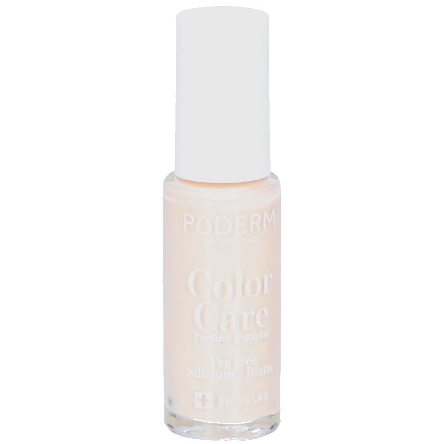 Vernis à ongles Poderm Color Care, teinte rose pâle. Flacon avec capuchon blanc.
