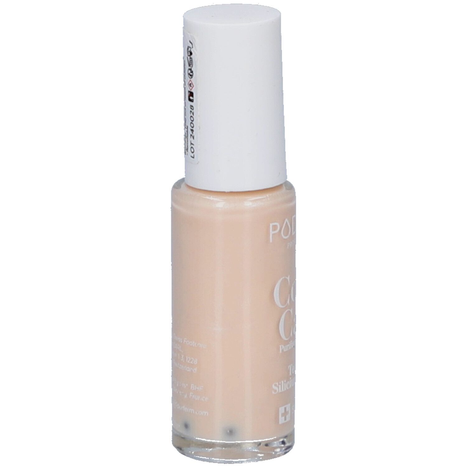 Un vernis à ongles beige clair dans un flacon en verre avec un bouchon blanc. Marque : POL.