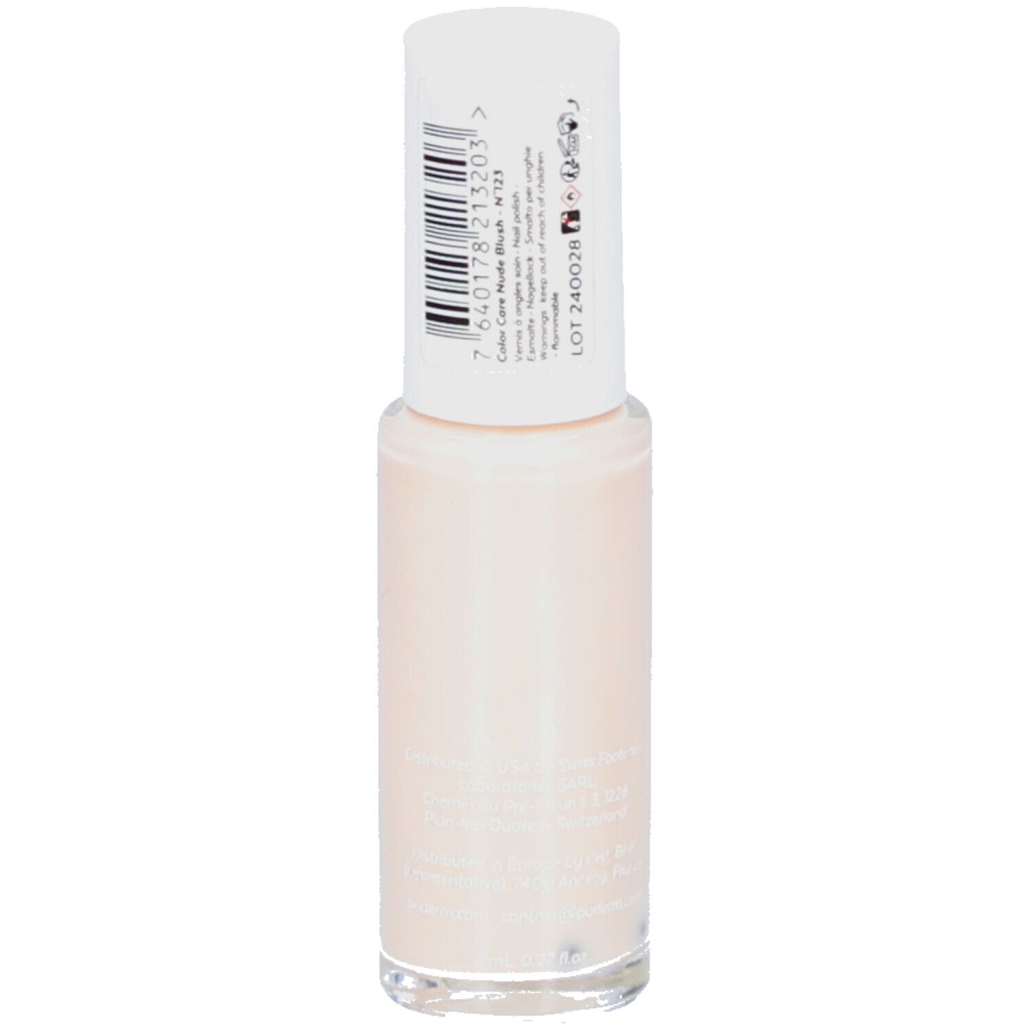 Flacon de vernis à ongles de couleur claire avec bouchon blanc et étiquette avec code-barres et informations produit.