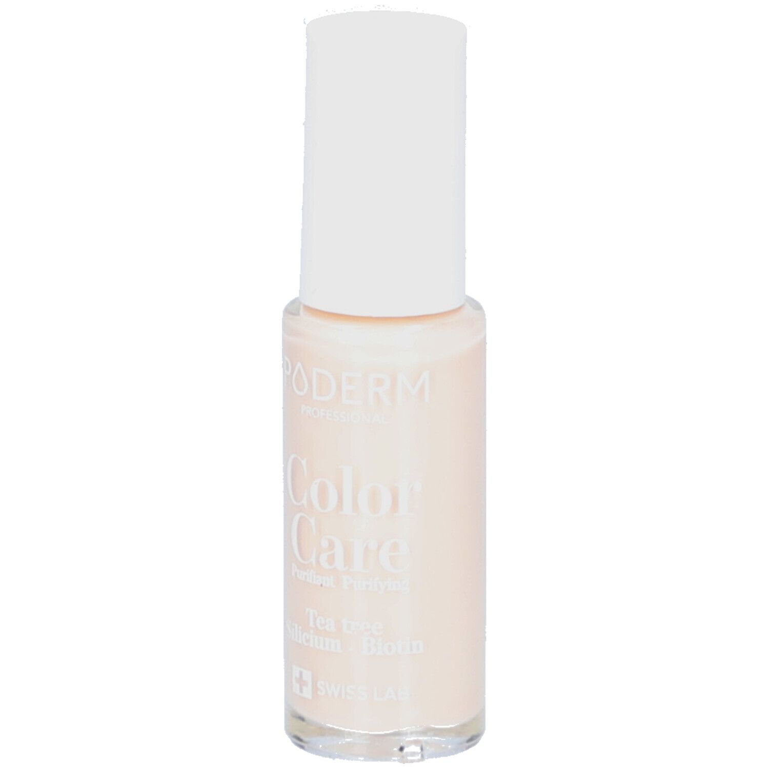 Vernis à ongles Poderm Color Care, teinte rose pâle avec capuchon blanc. Contient de l'huile d'arbre à thé.