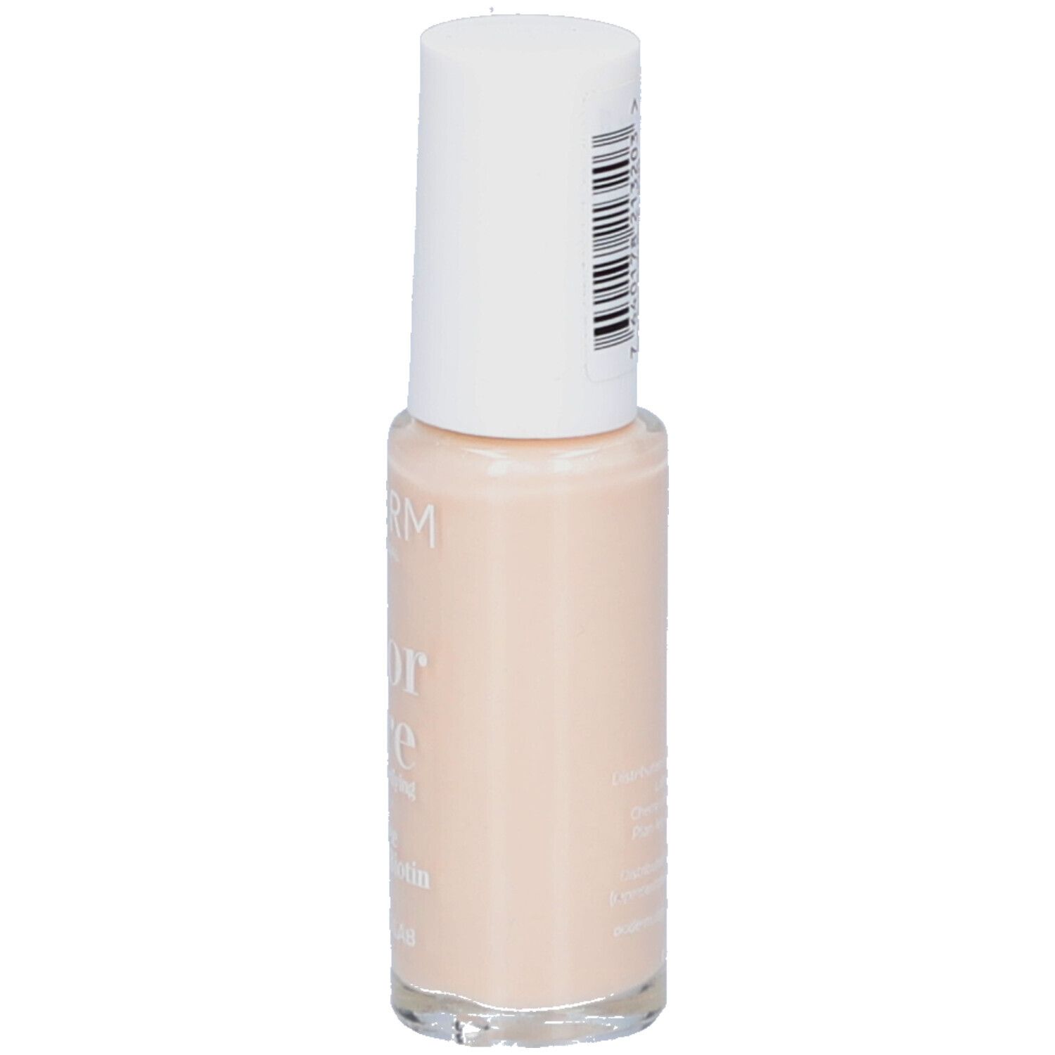 Bouteille de vernis à ongles beige clair avec bouchon blanc et étiquette.