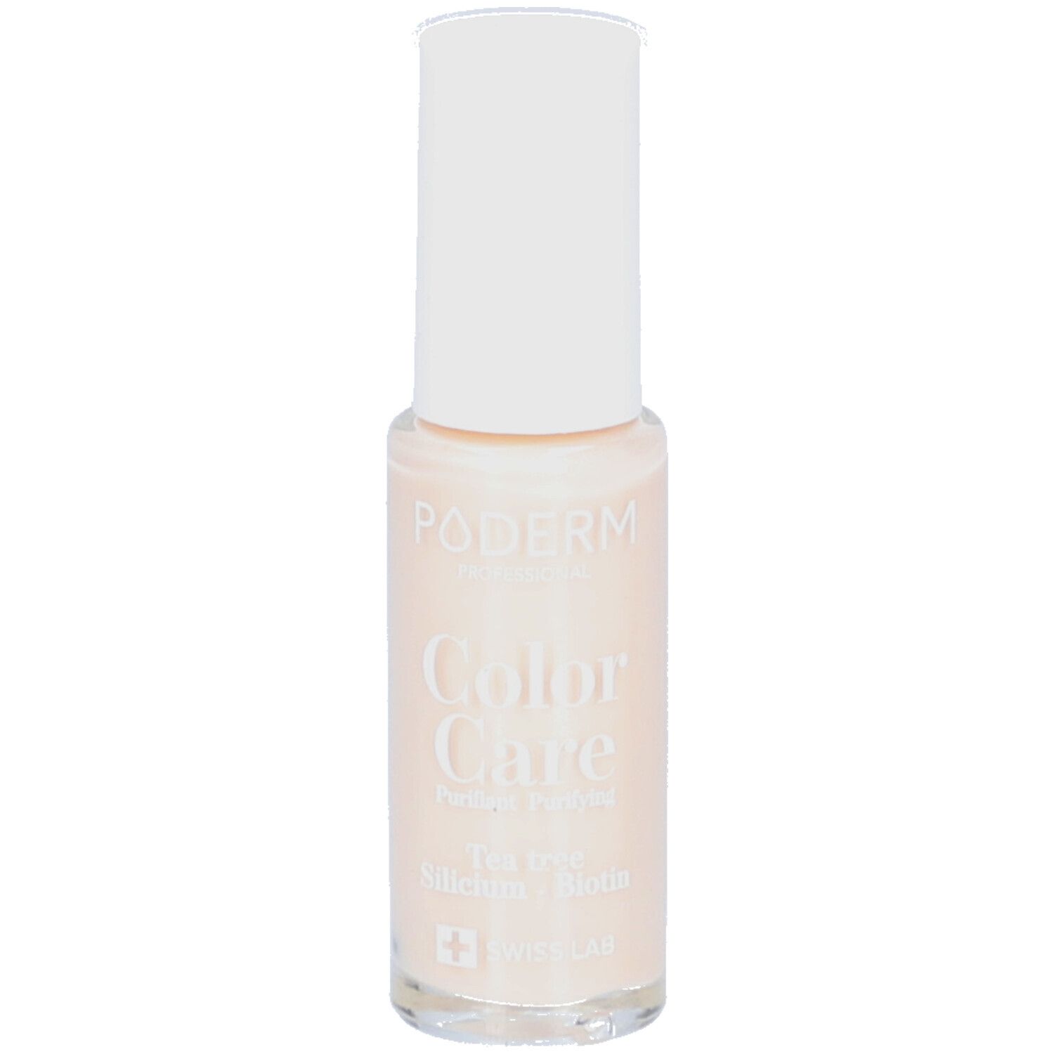 Flacon Poderm Color Care avec bouchon blanc. Contient de l'huile d'arbre à thé et de la biotine.