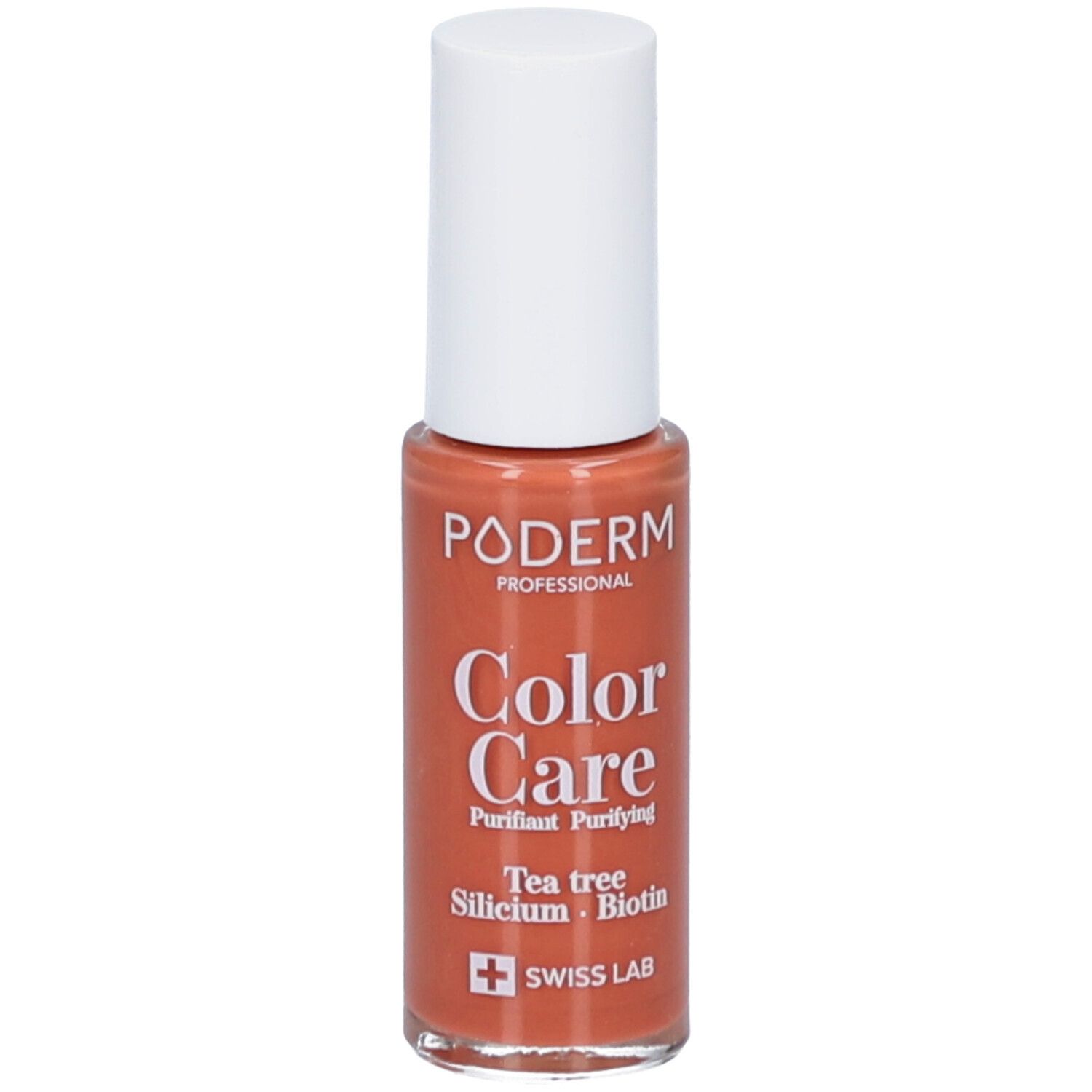 Flacon orange avec bouchon blanc. Étiquette : PODERM PROFESSIONAL Color Care, Purifiant Purifying, Tea tree Silicium Biotin, SWISS LAB.