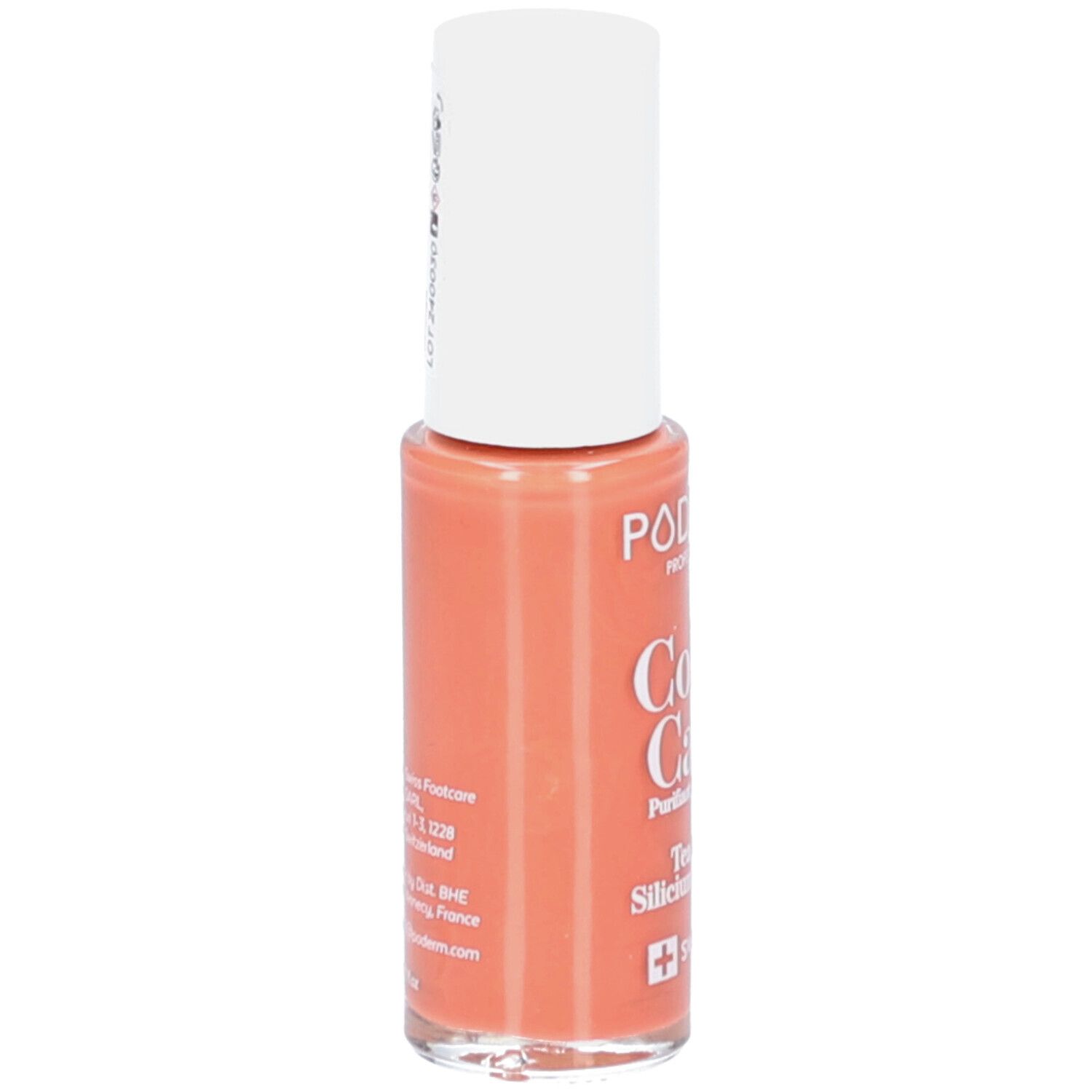 Vernis à ongles orange en flacon de verre avec bouchon blanc. Marque PODOLOG.