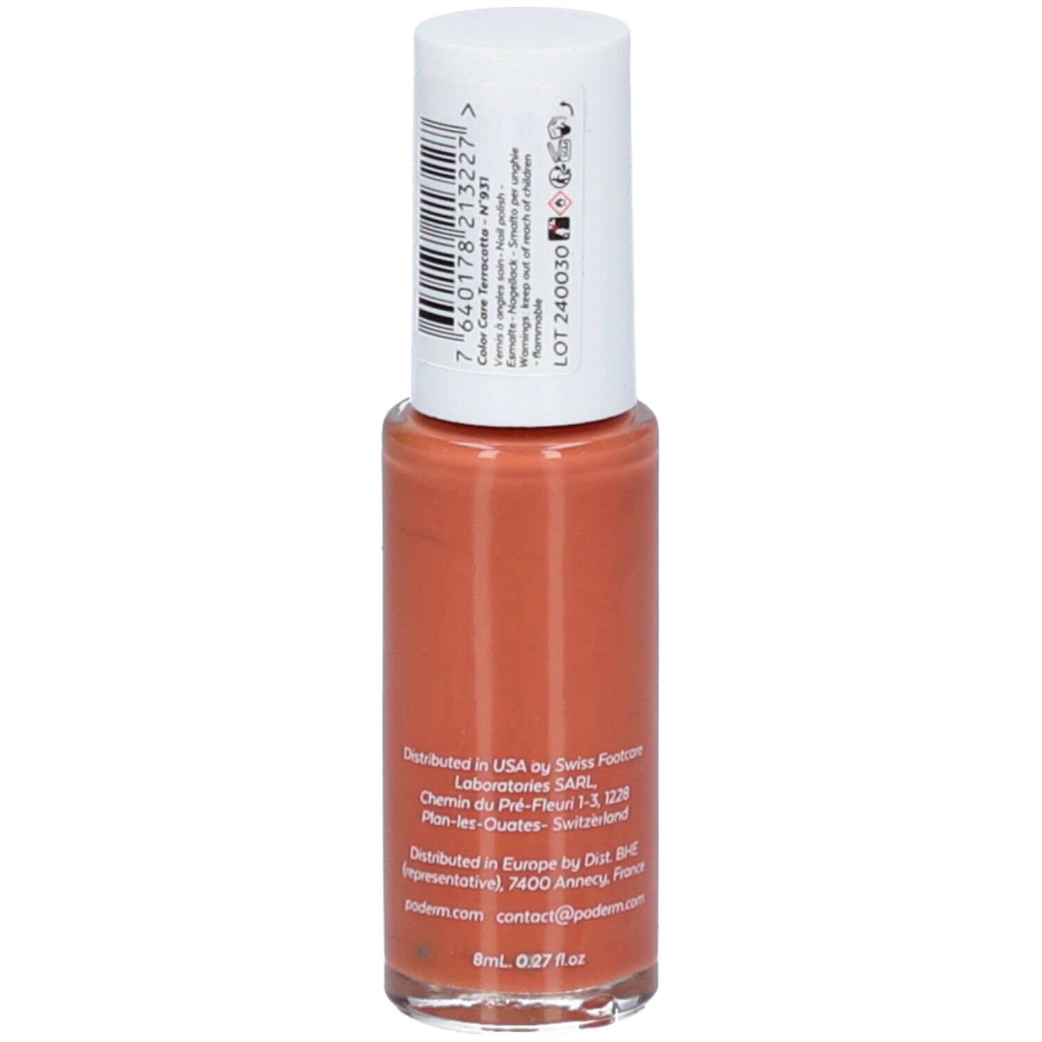 Vernis à ongles orange en flacon de verre avec bouchon blanc. Contenu 8ml.