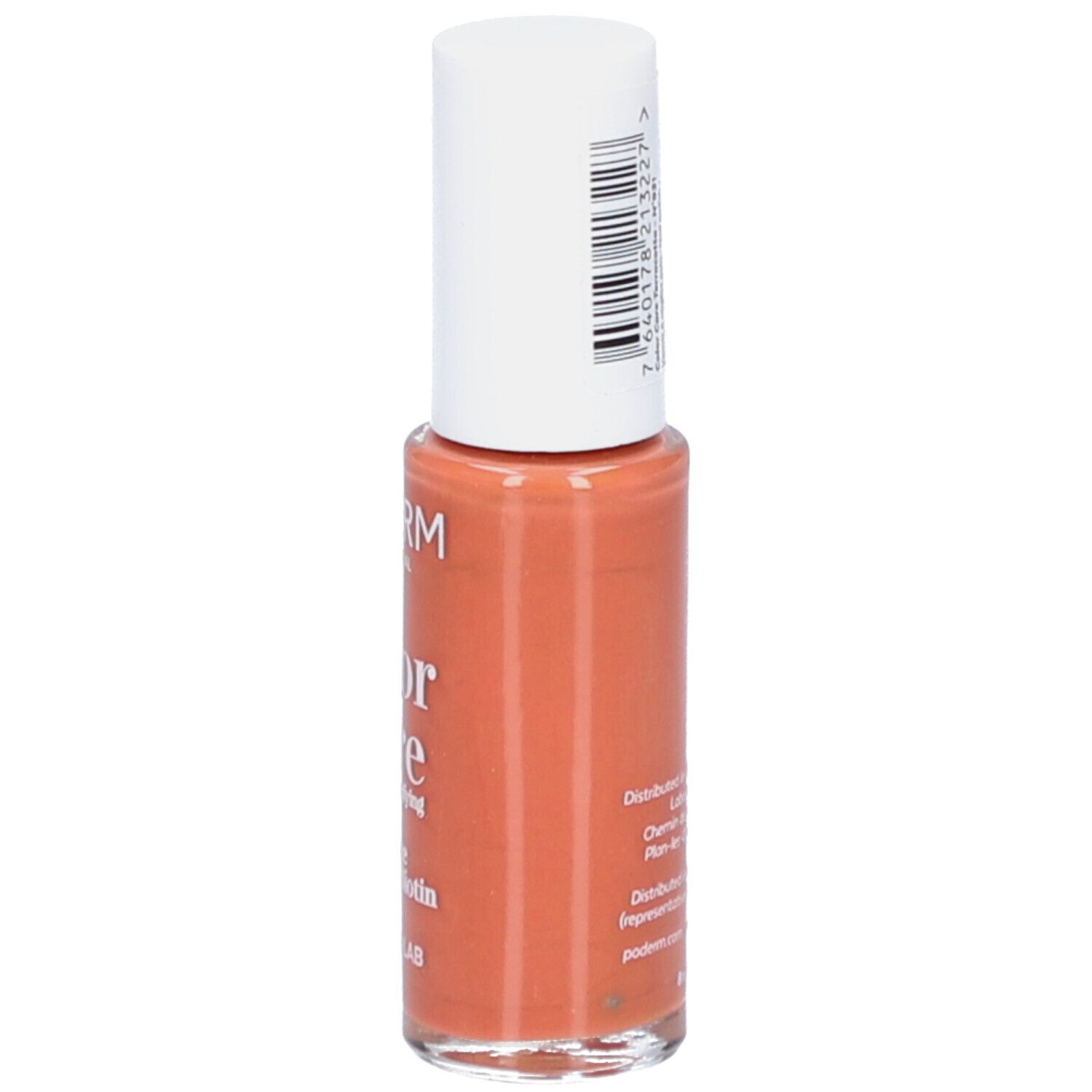 Vernis à ongles orange dans une bouteille en verre avec bouchon blanc et code-barres.