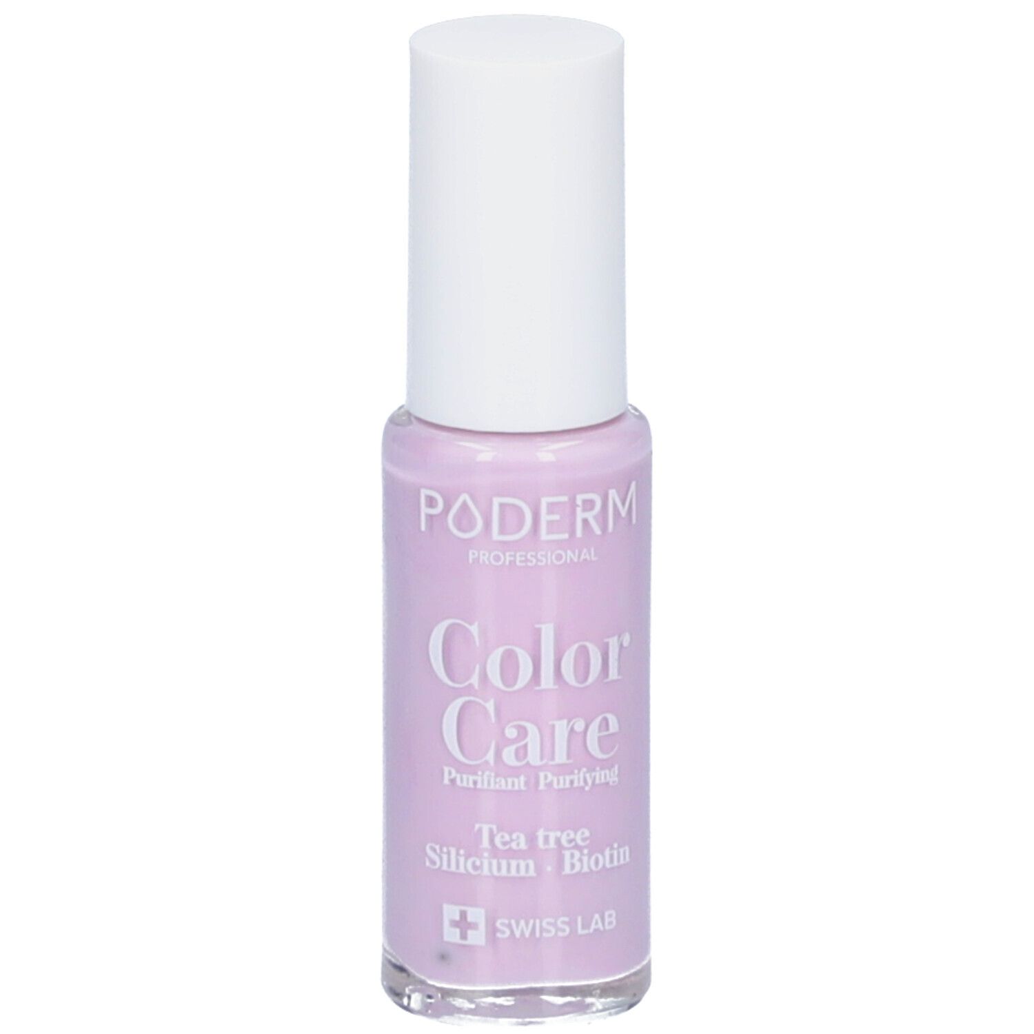 Poderm Color Care vernis à ongles avec Tea Tree, Silicium et Biotine. Flacon lilas avec bouchon blanc. Swiss Lab.