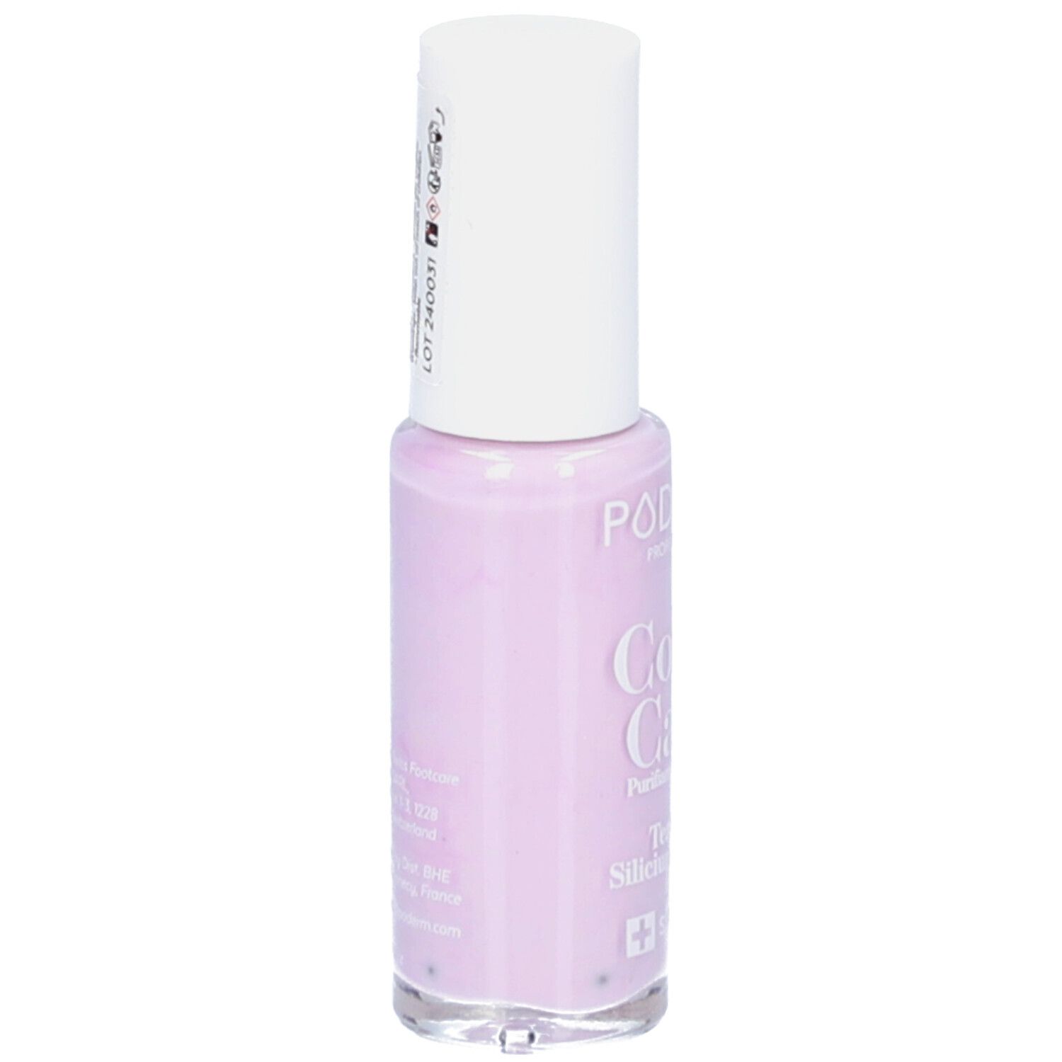 Bouteille de vernis à ongles violette avec bouchon blanc et étiquette. Marque 'PODO'.