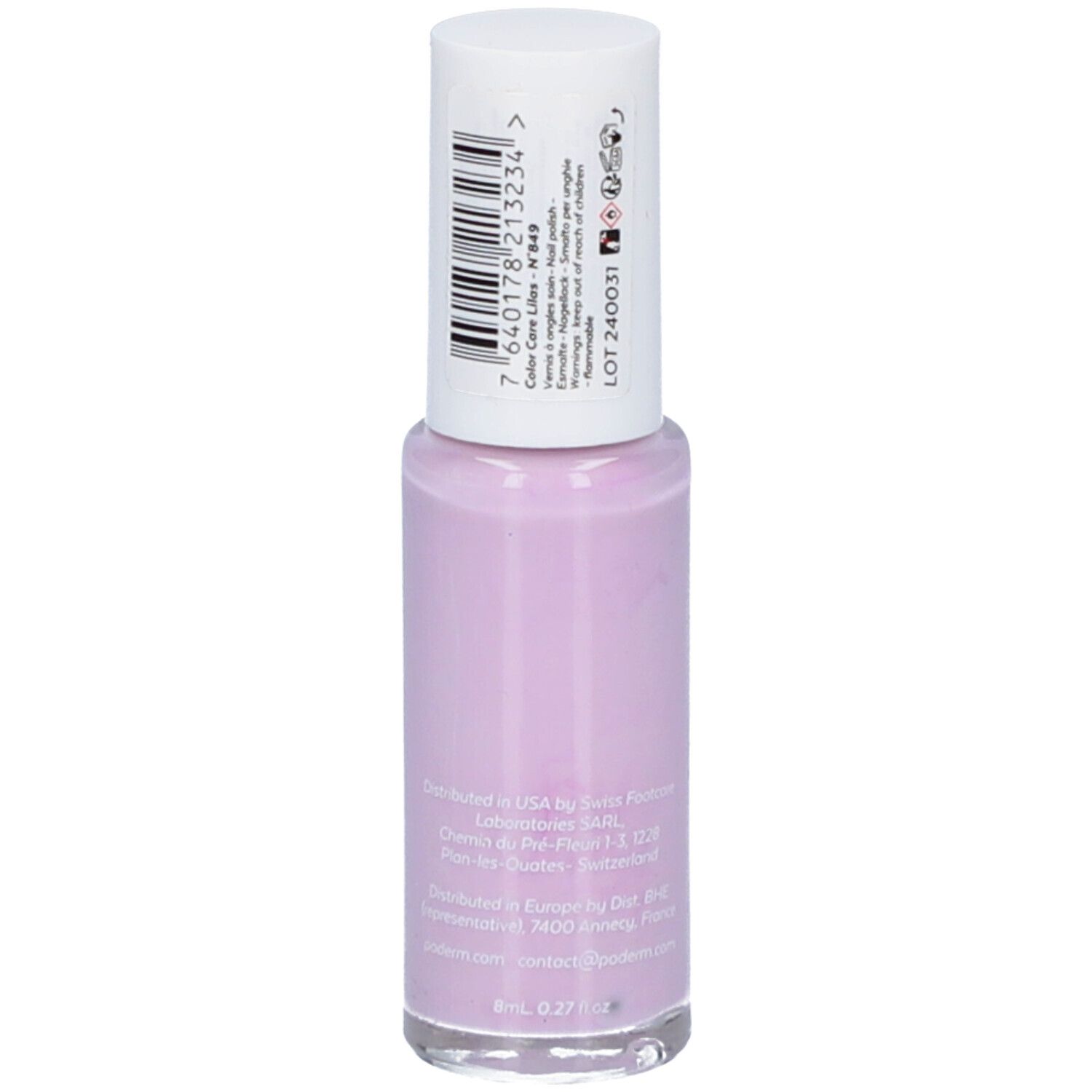Bouteille de vernis à ongles lilas avec bouchon blanc et étiquette avec code-barres et informations produit.