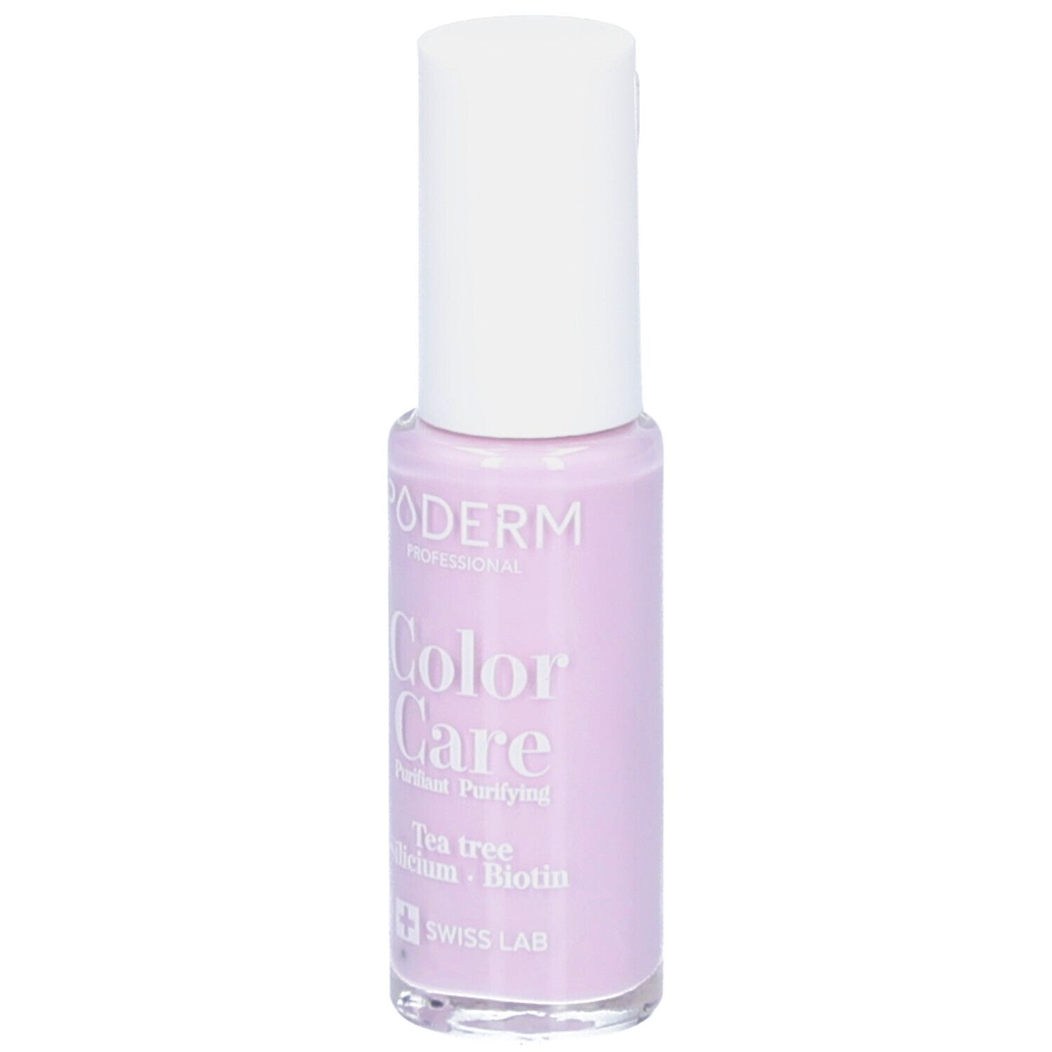 Un vernis à ongles lilas avec un bouchon blanc. Contient de l'arbre à thé et de la biotine. Marque : MODERM PROFESSIONAL.