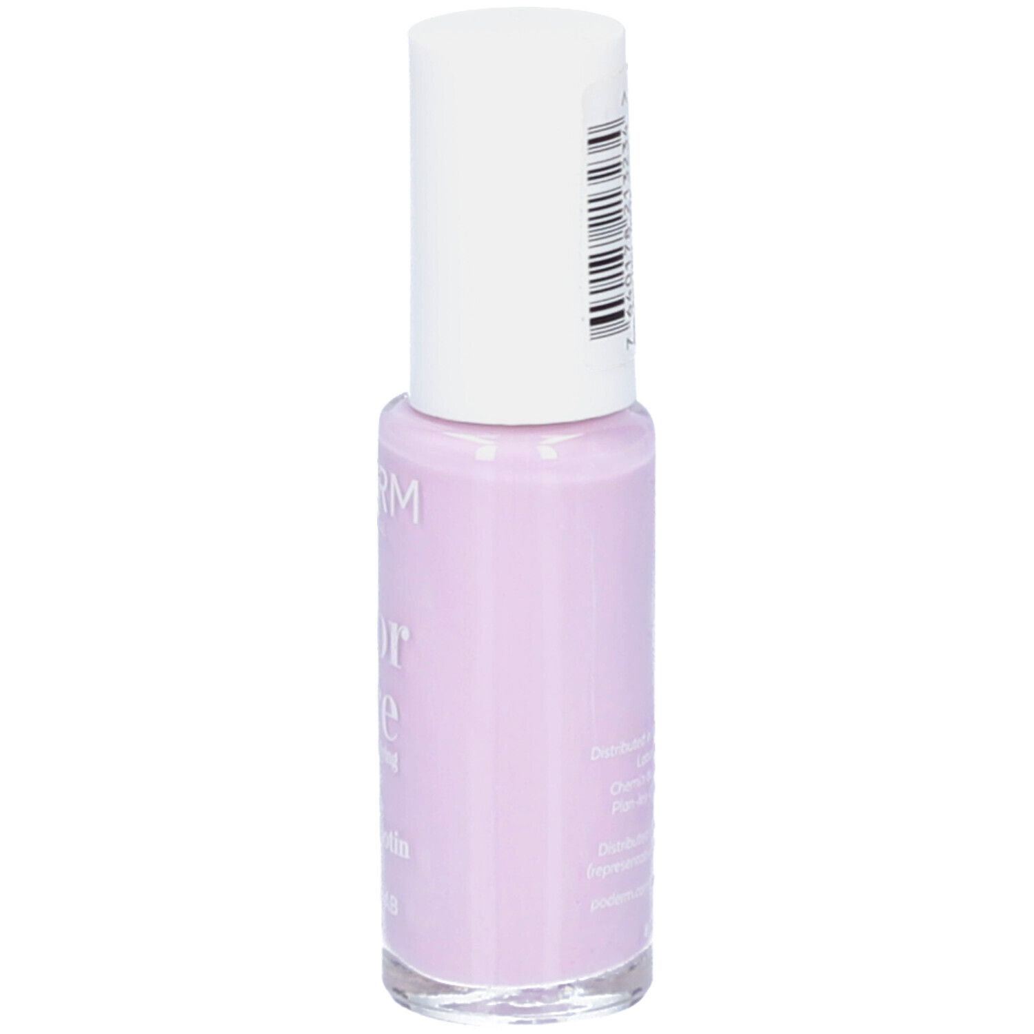 Flacon de vernis à ongles violet avec bouchon blanc et code-barres.