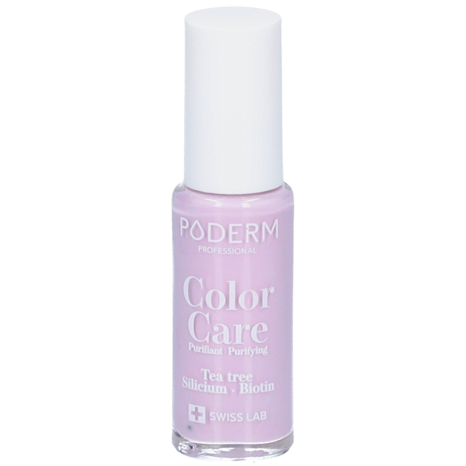 Flacon Poderm Color Care avec bouchon blanc. Contient arbre à thé, silicium, biotine. Swiss Lab.