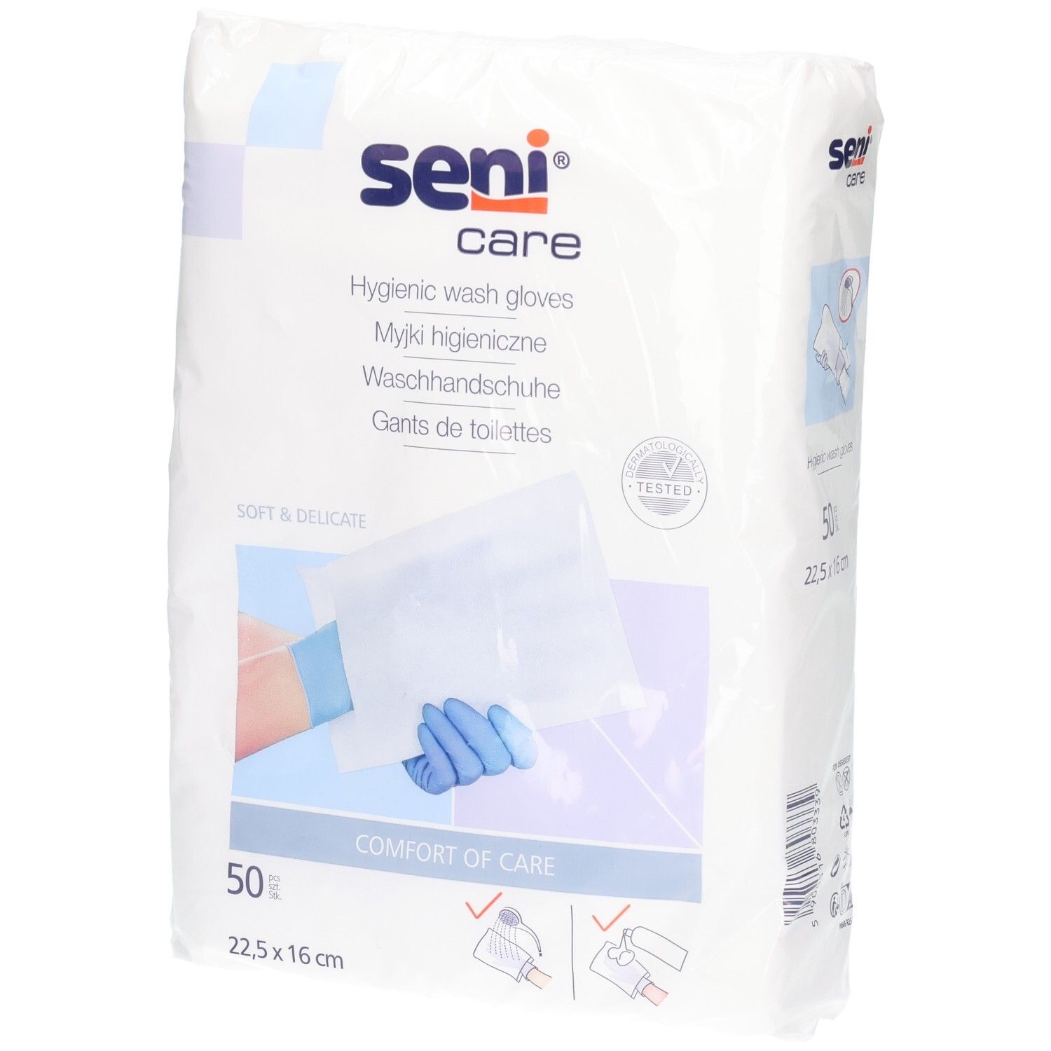 Pack de 50 gants de toilette SENI Care, 22,5 x 16 cm.
