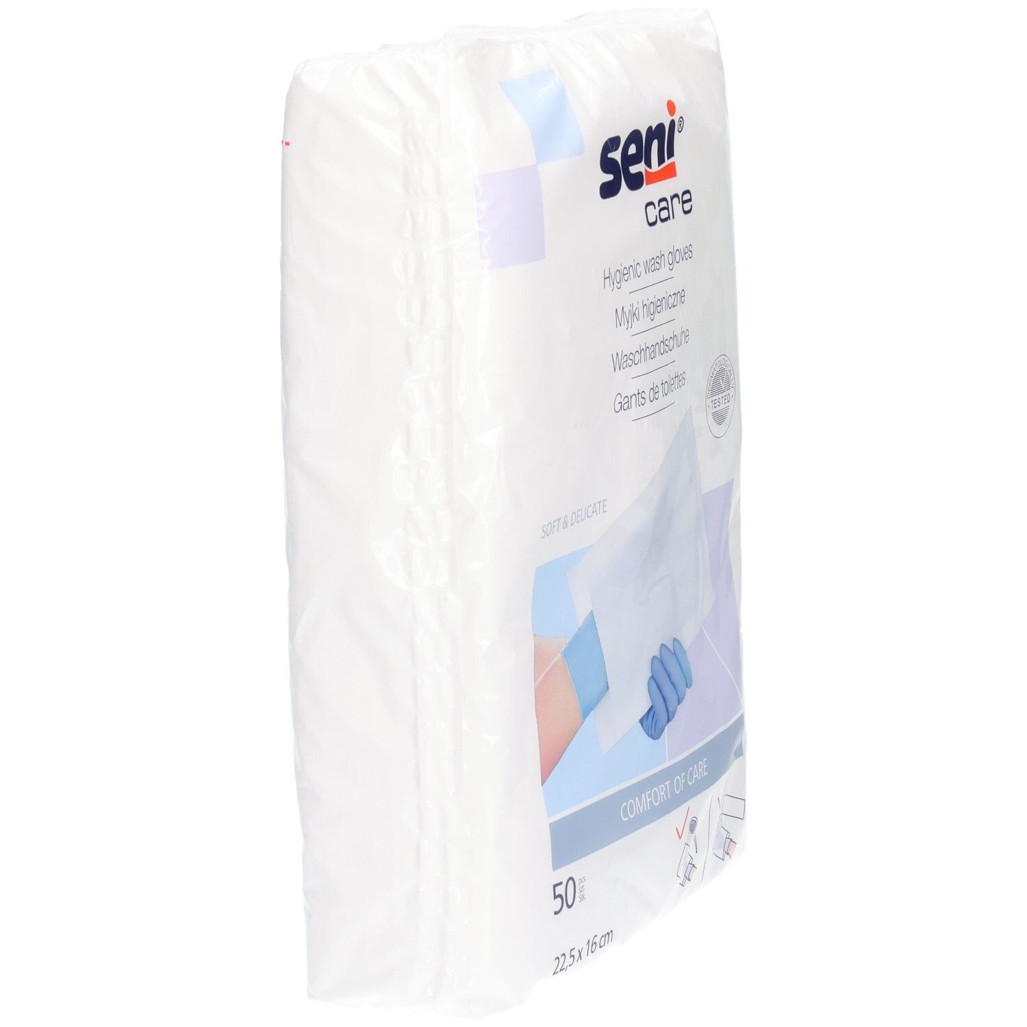 Pack de 50 gants de toilette SENI Care, vue latérale.