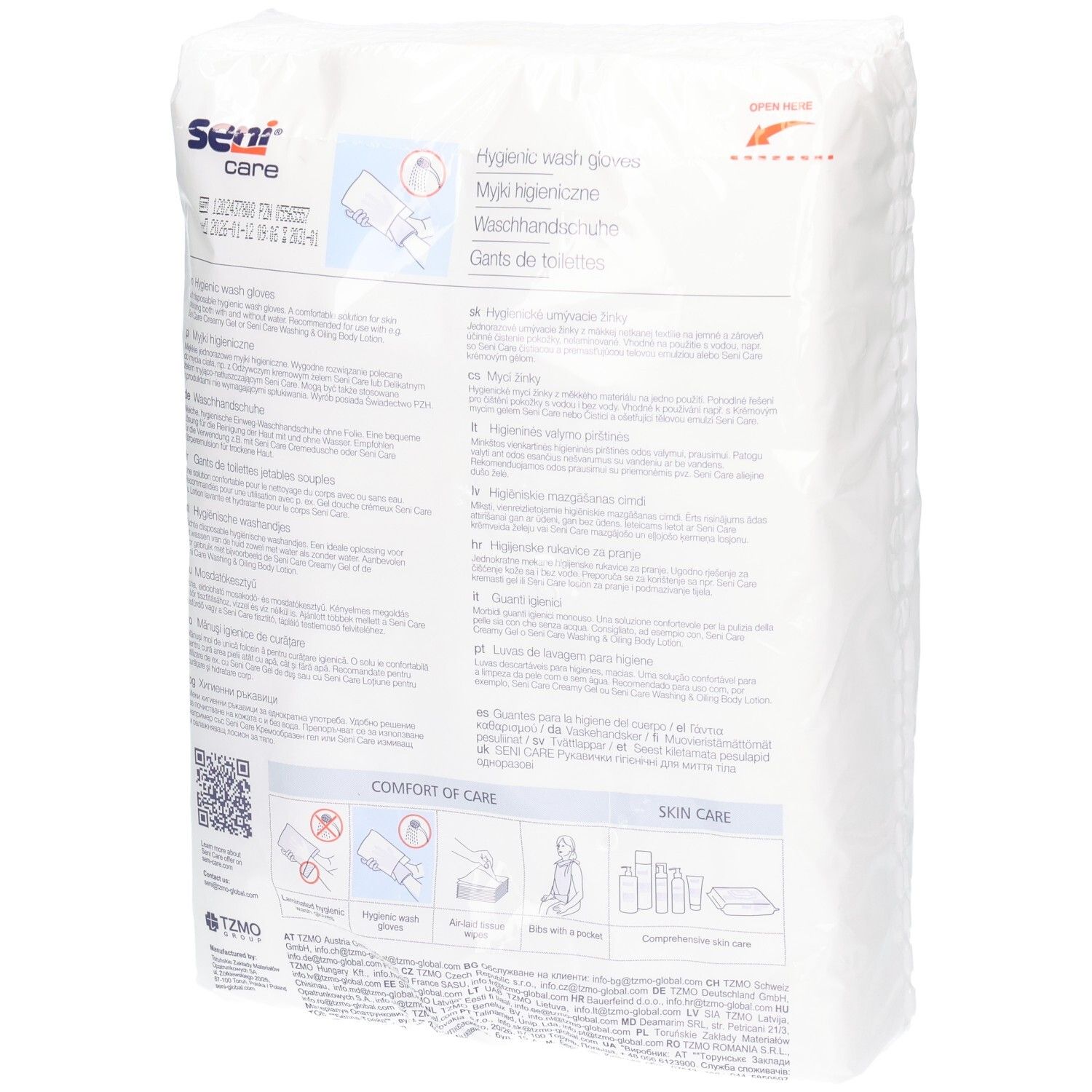 Dos du paquet de 50 gants de toilette SENI Care, avec instructions d'utilisation.