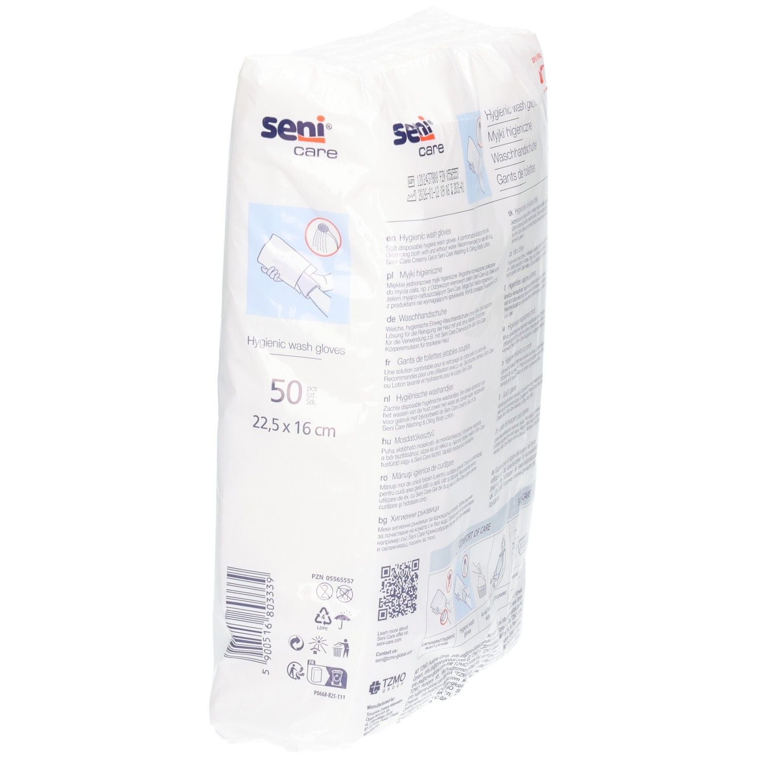 Vue latérale du paquet de 50 gants de toilette SENI Care.