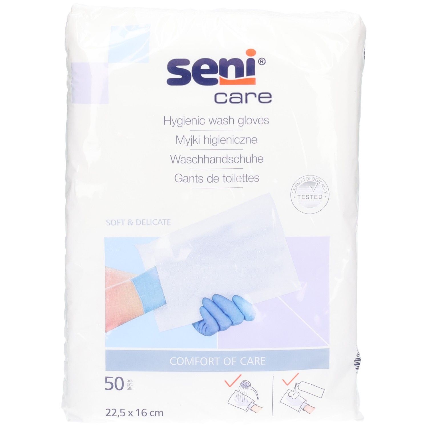 Pack de 50 gants de toilette SENI Care, 22,5 x 16 cm.