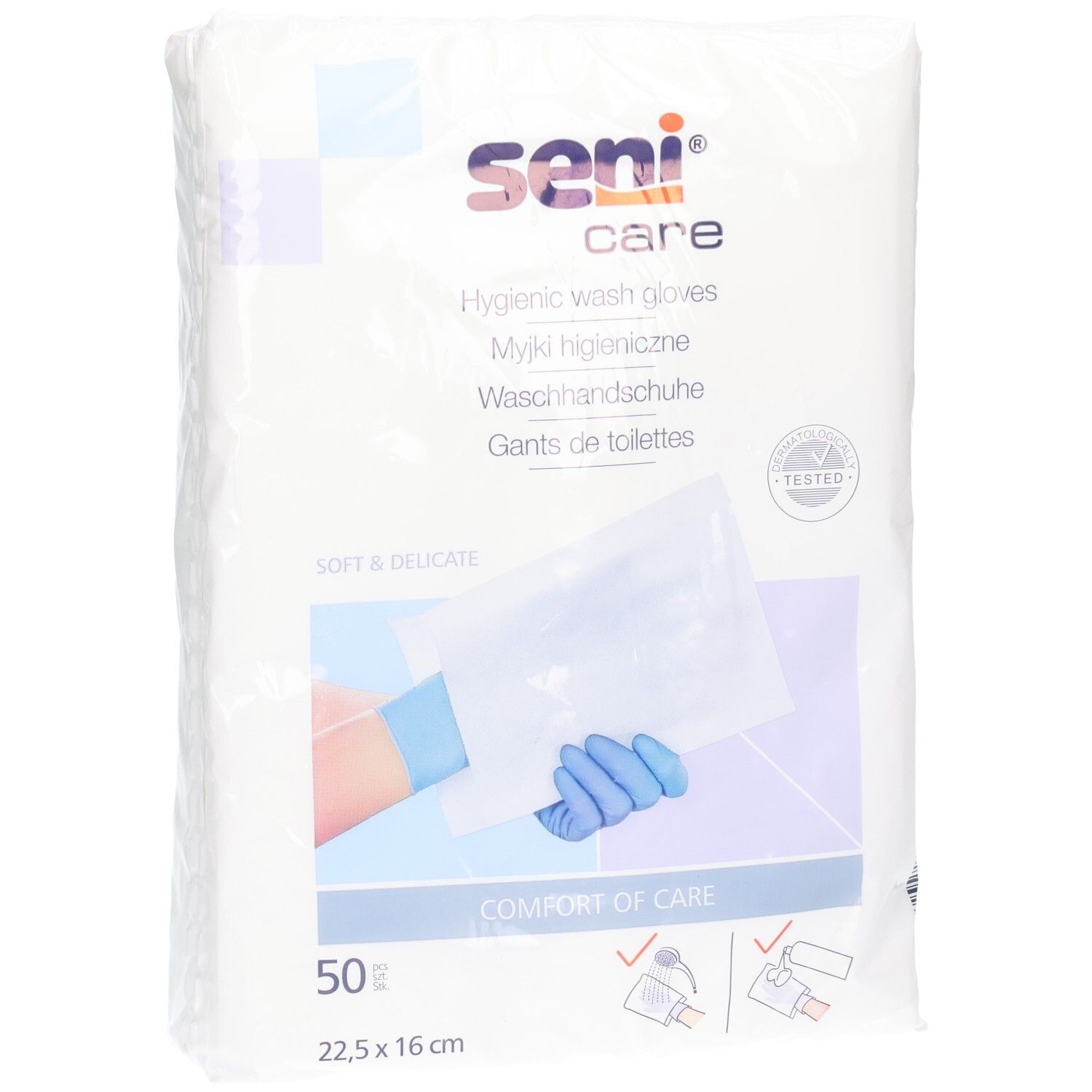 Pack de 50 gants de toilette SENI Care, 22,5 x 16 cm.