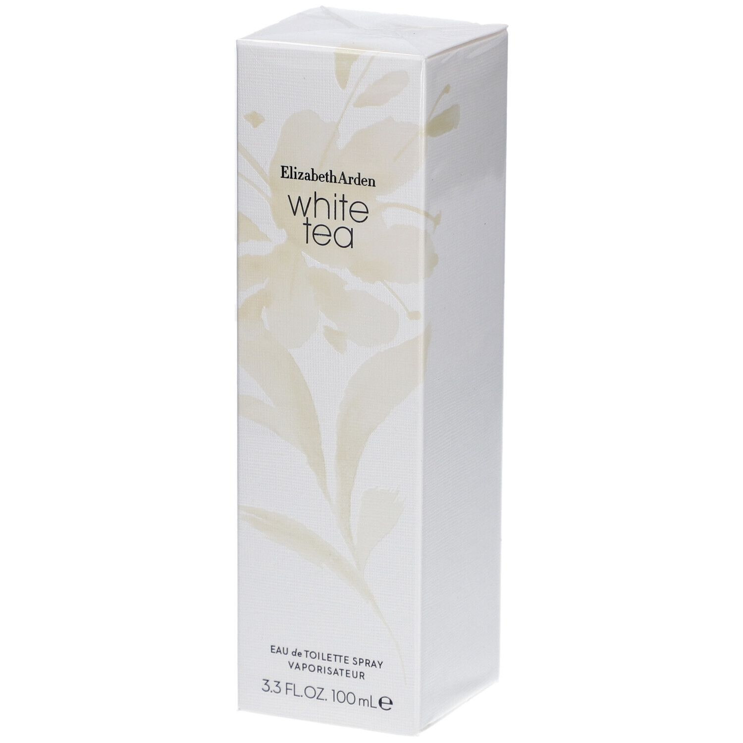 Boîte rectangulaire blanche avec motif floral et inscription Elizabeth Arden White Tea. Eau de Toilette Spray.