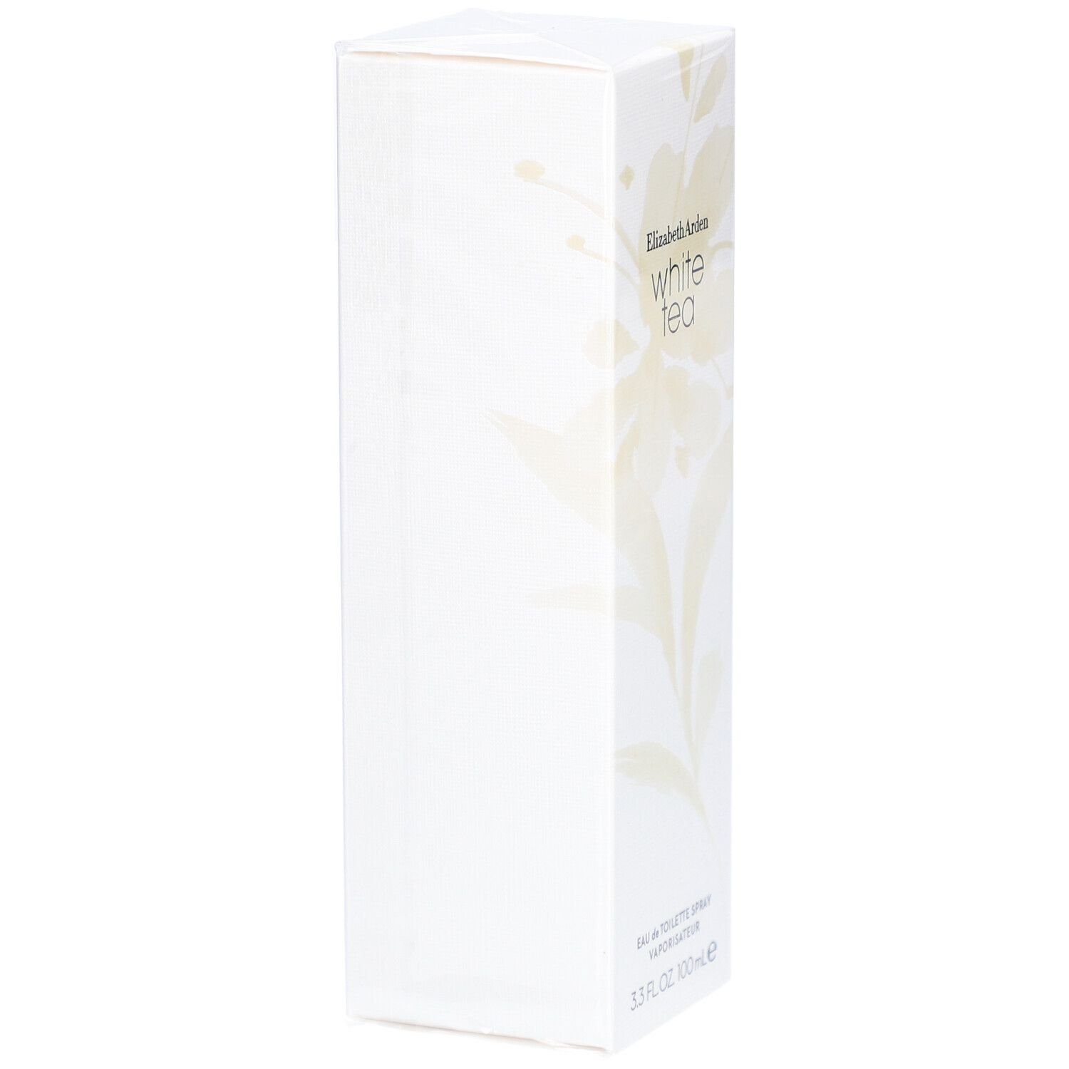 Boîte rectangulaire blanche avec motif floral. Inscription Elizabeth Arden White Tea. Eau de Toilette Spray.
