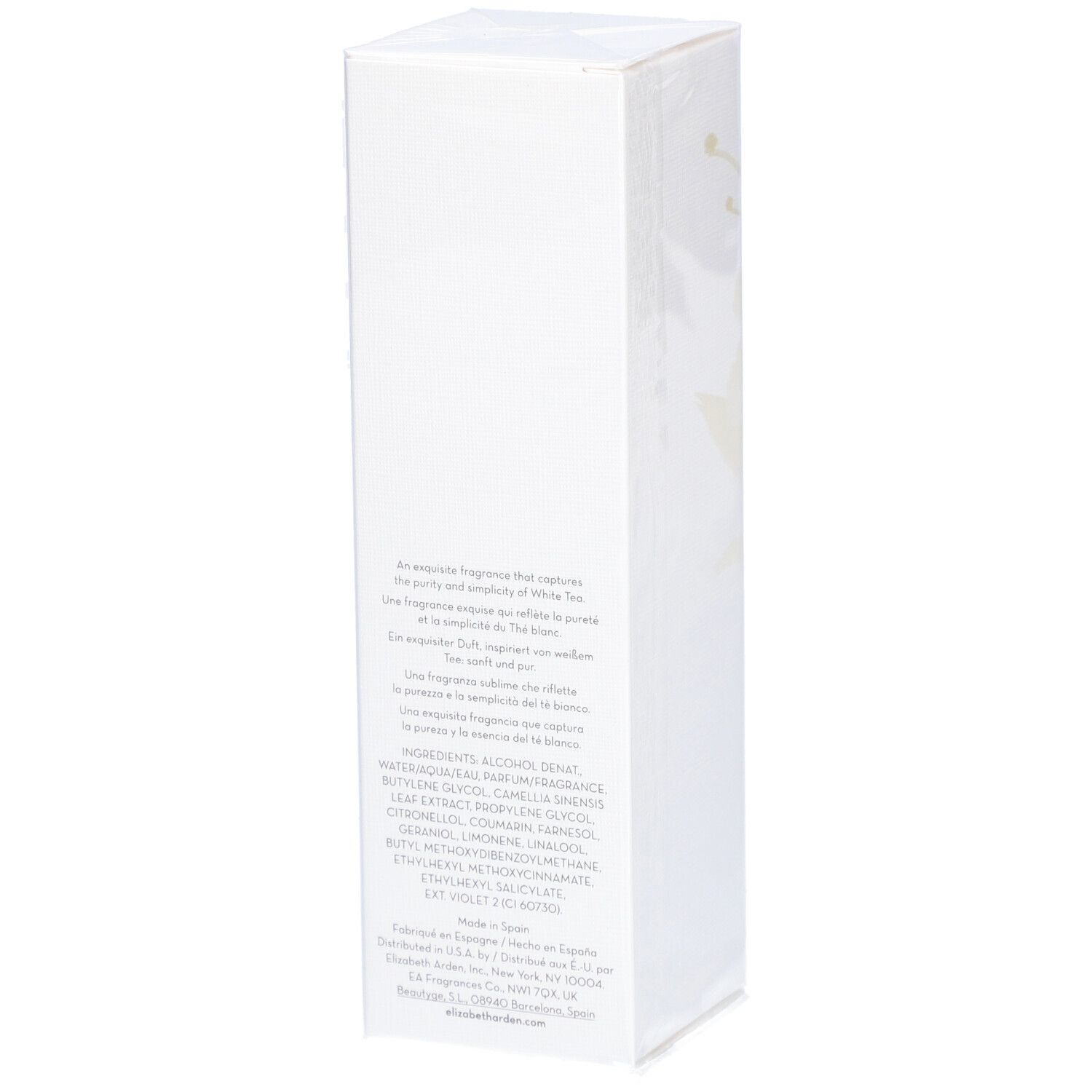 Boîte rectangulaire blanche avec motif floral et texte. Contient ingrédients et informations fabricant.
