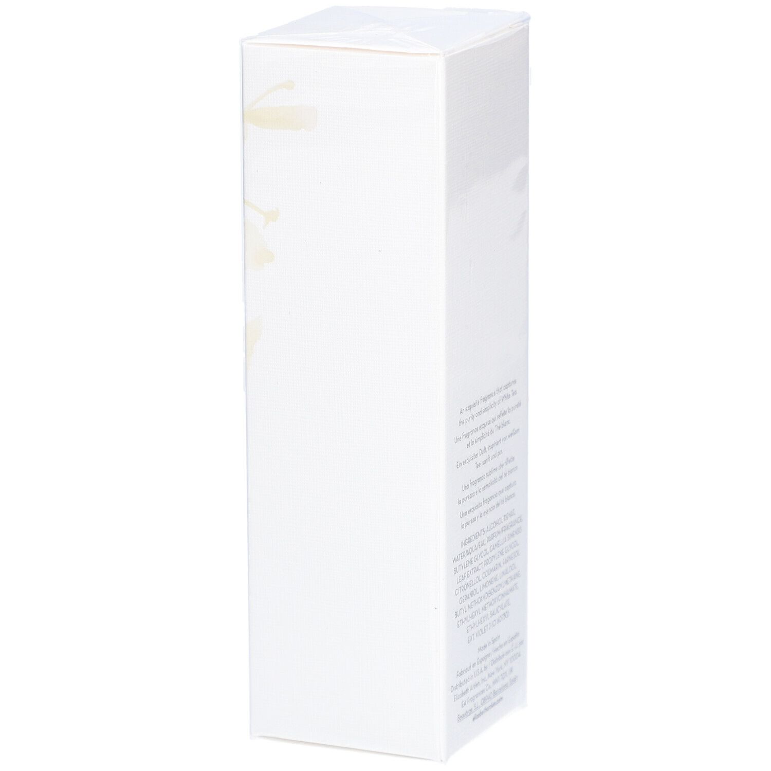 Boîte rectangulaire blanche avec motif floral. Texte avec ingrédients et informations fabricant.