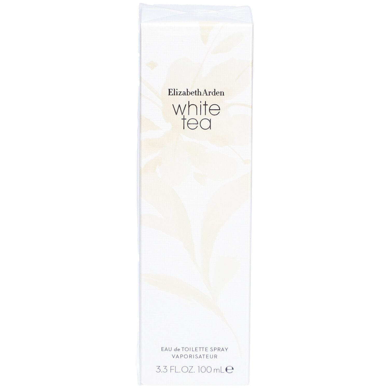 Boîte rectangulaire blanche avec motif floral et inscription Elizabeth Arden White Tea. Eau de Toilette Spray.