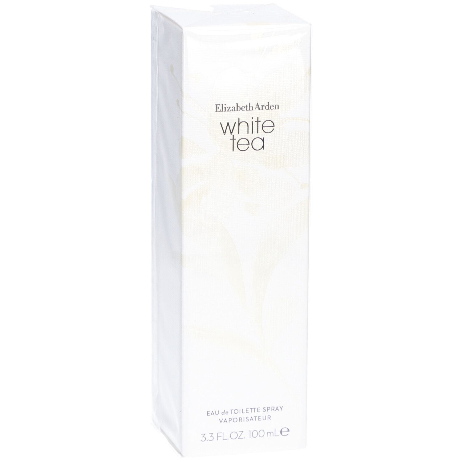 Boîte rectangulaire blanche avec motif floral et inscription Elizabeth Arden White Tea. Eau de Toilette Spray.