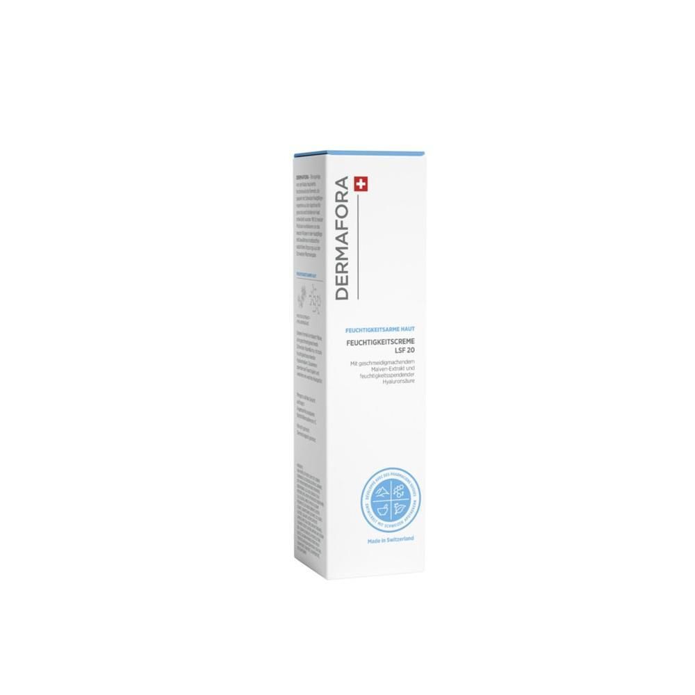 Boîte pliante blanche et allongée. Inscription: Dermafora, Crème hydratante SPF 20. Croix suisse. Logos bleus.