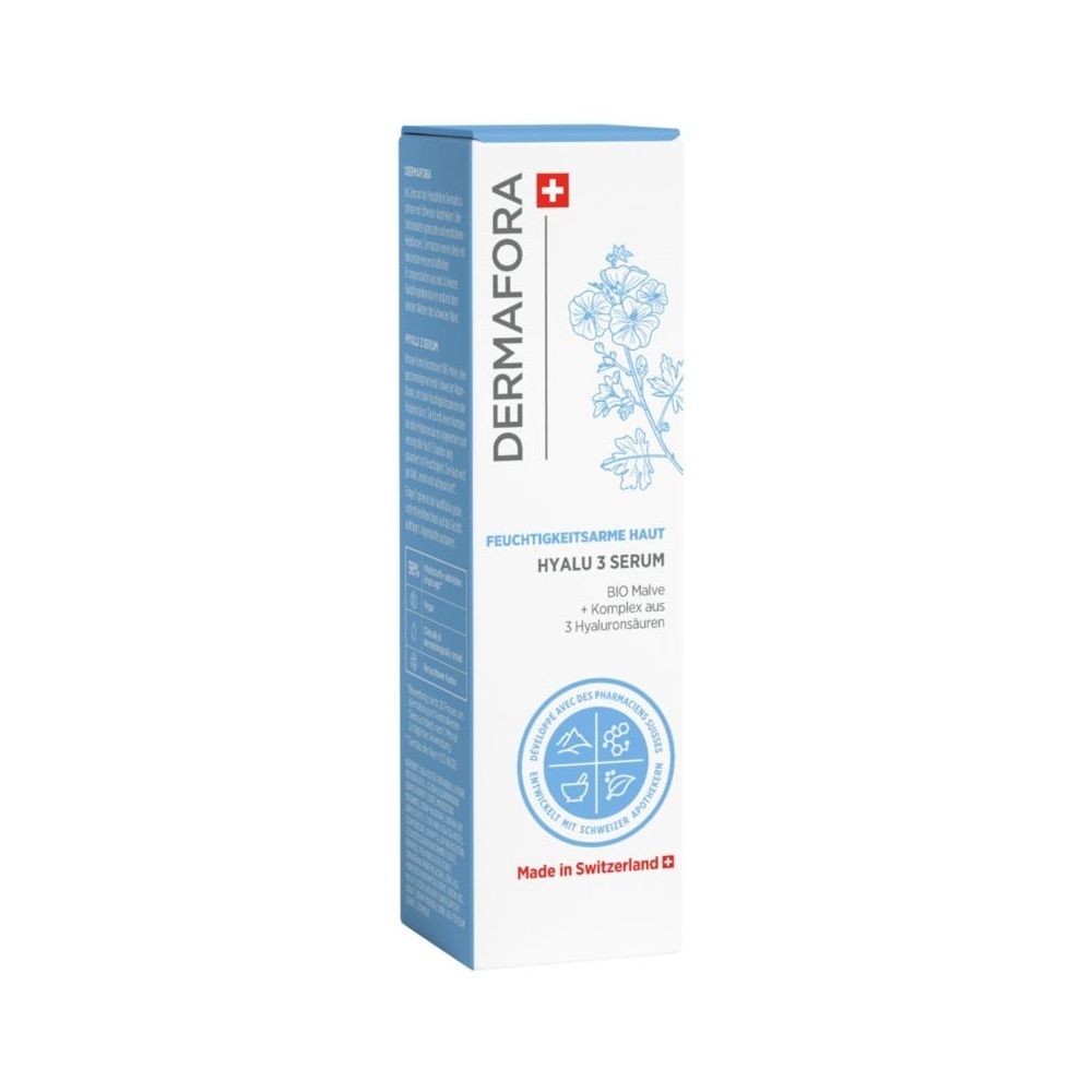 Emballage blanc et bleu avec nom et logo du produit. Texte : Sérum Hyalu 3, Mauve Bio, 3 acides hyaluroniques. Fabriqué en Suisse.