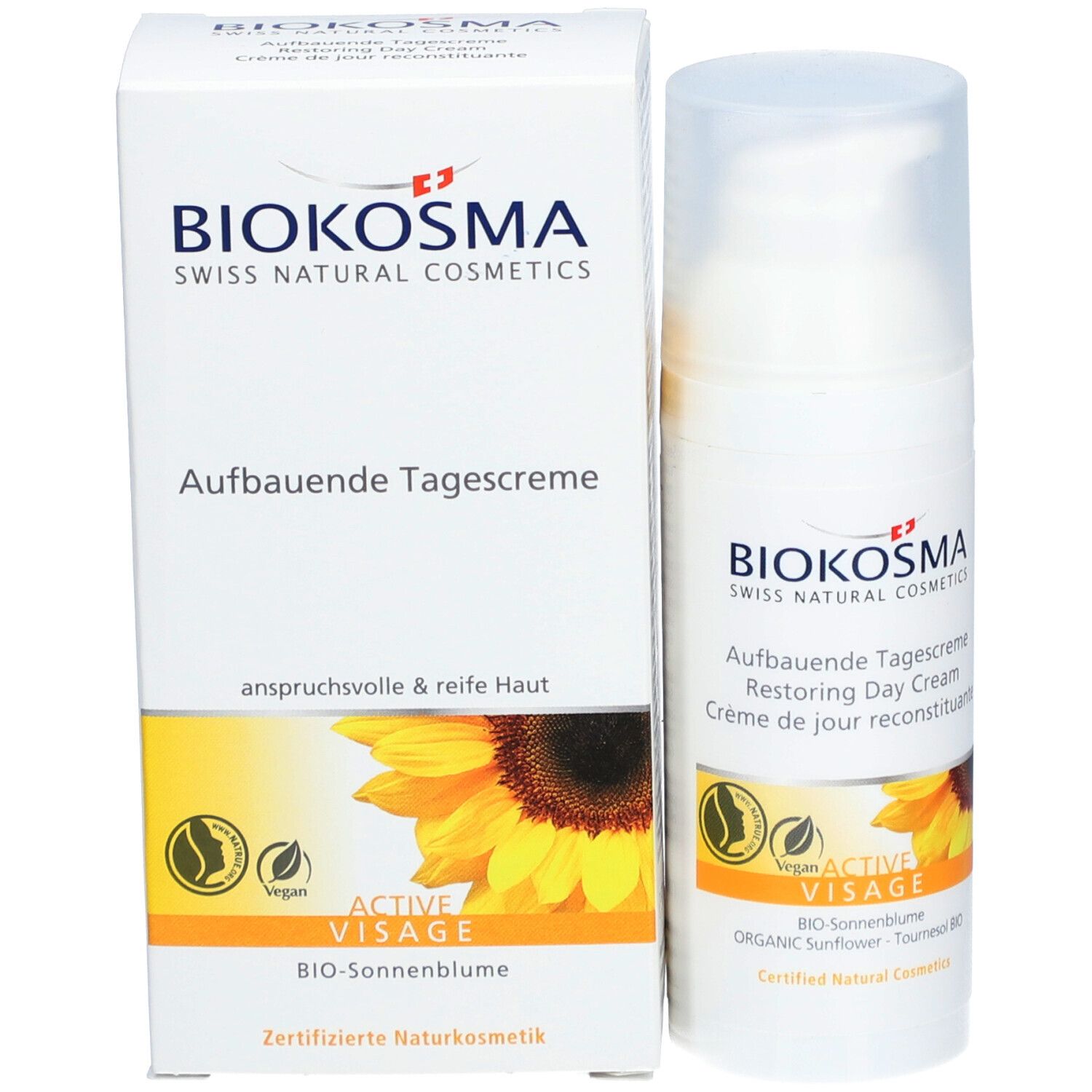 Crème de jour reconstituante BIOKOSMA Active Visage et emballage. Flacon blanc et carton. Inscription: Aufbauende Tagescreme, Crème de jour reconstituante.