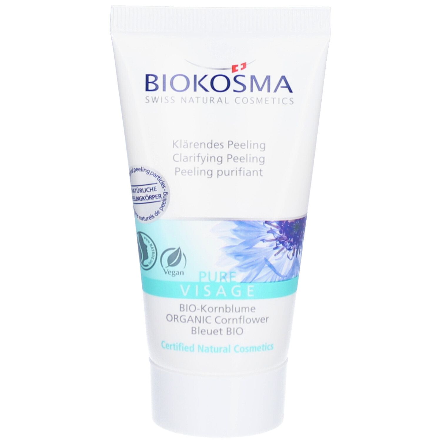Tube blanc BIOKOSMA. Contient 'Klärendes Peeling' et 'Pure Visage'. Ingrédients : BIO-Kornblume, Bleuet BIO.
