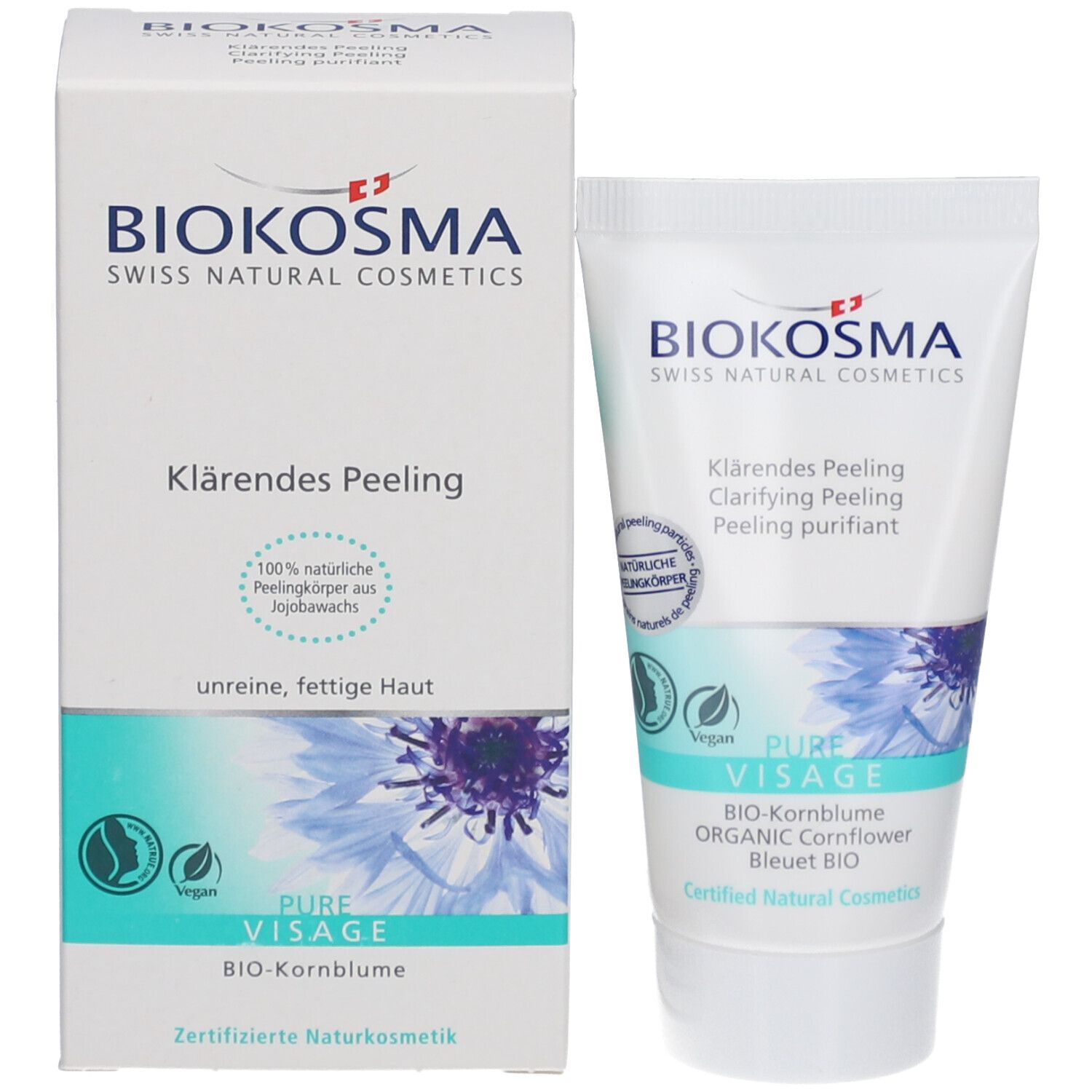 Emballage du produit avec tube. Boîte et tube avec logo BIOKOSMA et nom du produit 'Klärendes Peeling'.